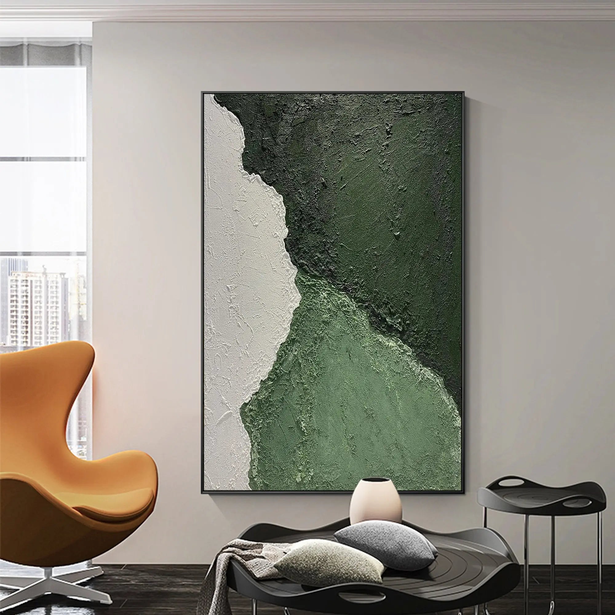 Japandi-style abstract sage green textured painting for modern interiors.