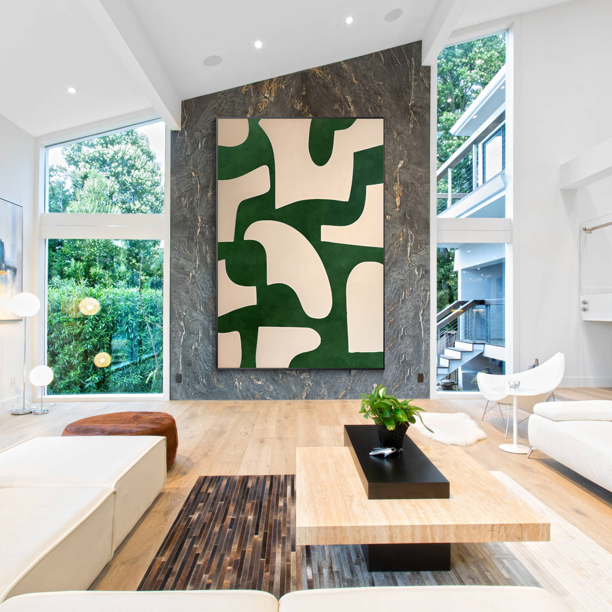 Beige and emerald green abstract art painting on canvas with organic shapes. Vertical oversized minimalist wall art for modern home decor.

