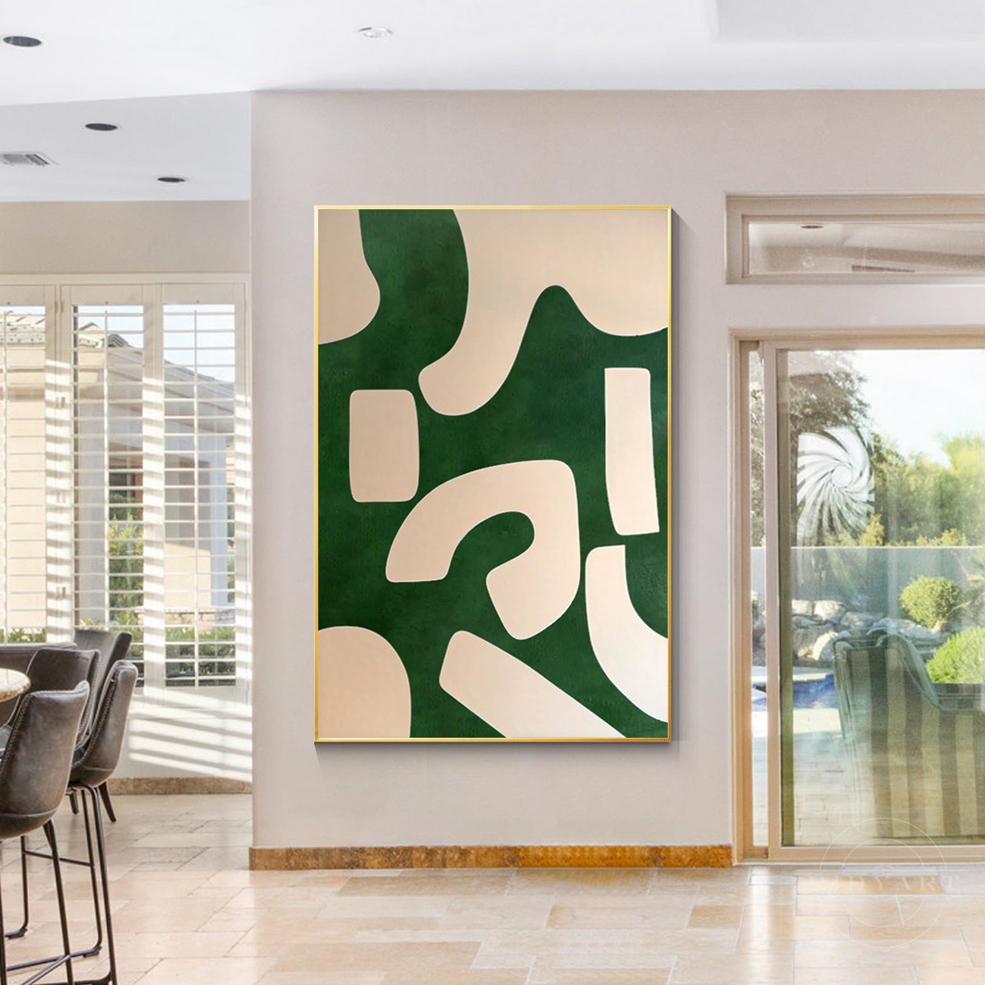 Emerald green and beige abstract painting on canvas with organic shapes. Vertical oversized minimalist wall art for modern home decor.