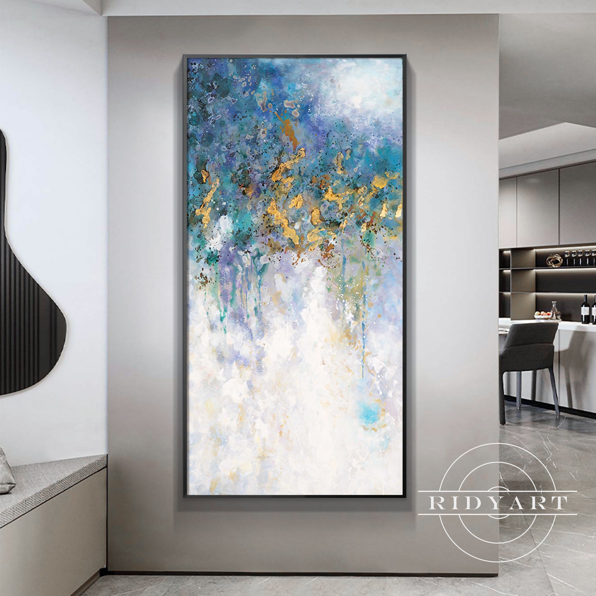 Navy blue and gold abstract wall art