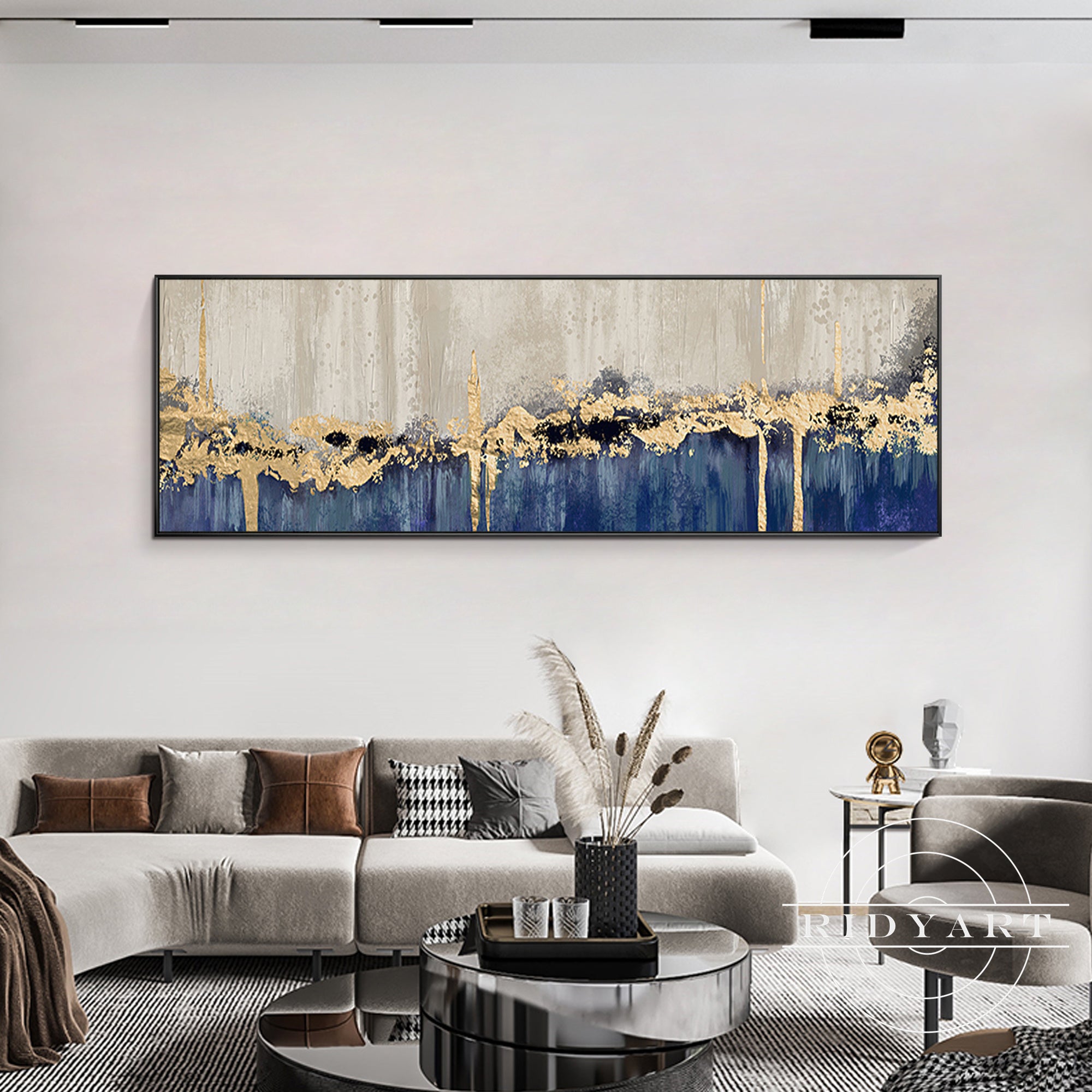 Extra large horizontal wall art with metallic gold accents