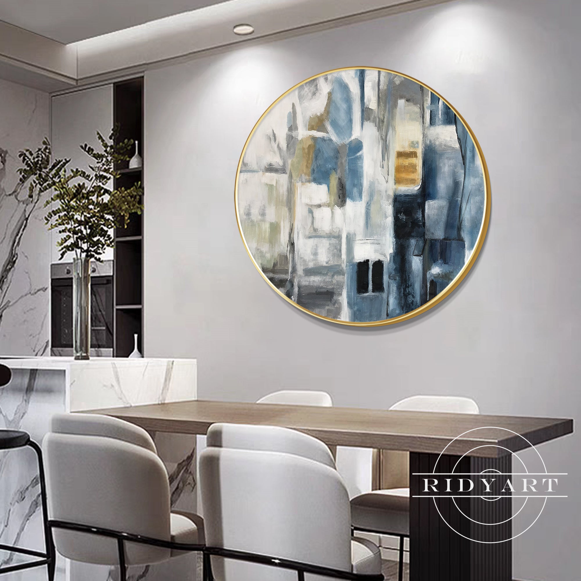 Navy and gray minimalist round wall decor for living room
