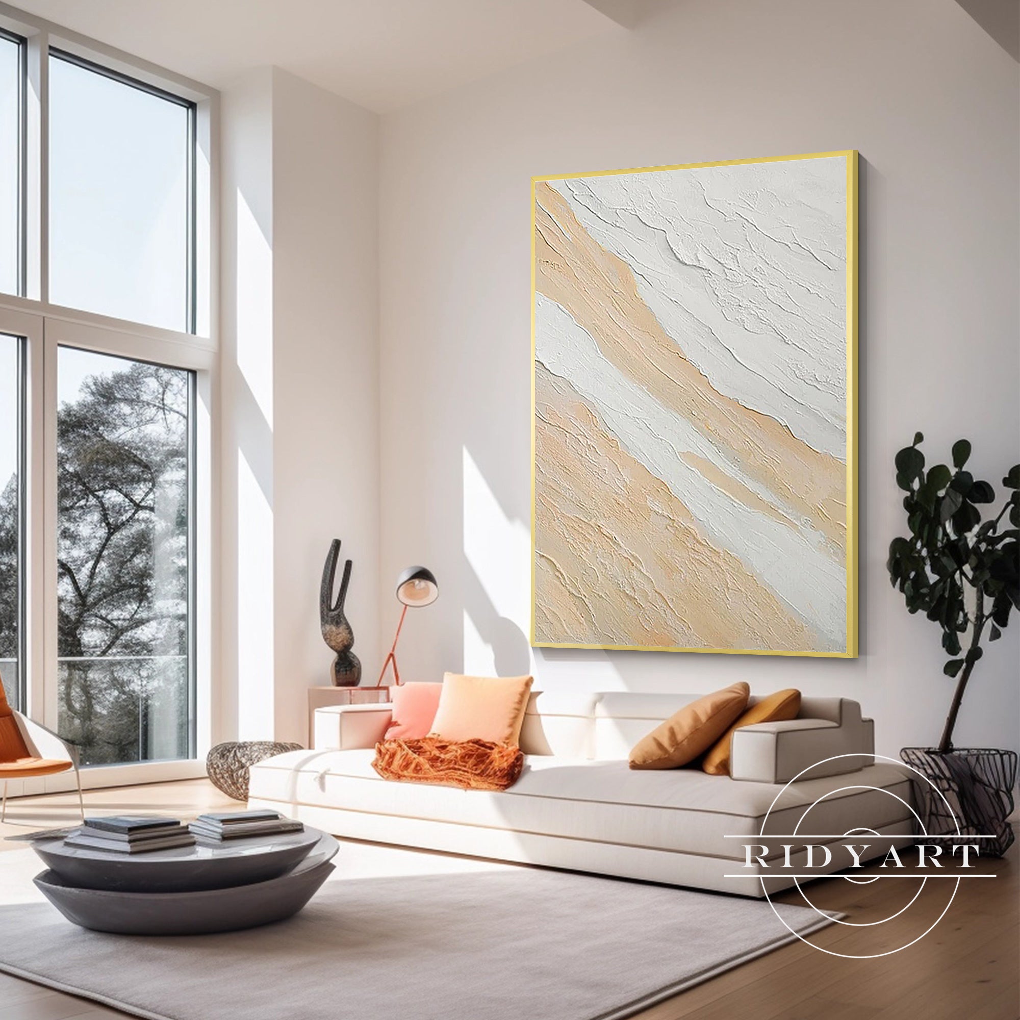 Extra large coastal painting in soft blue and beige tones
