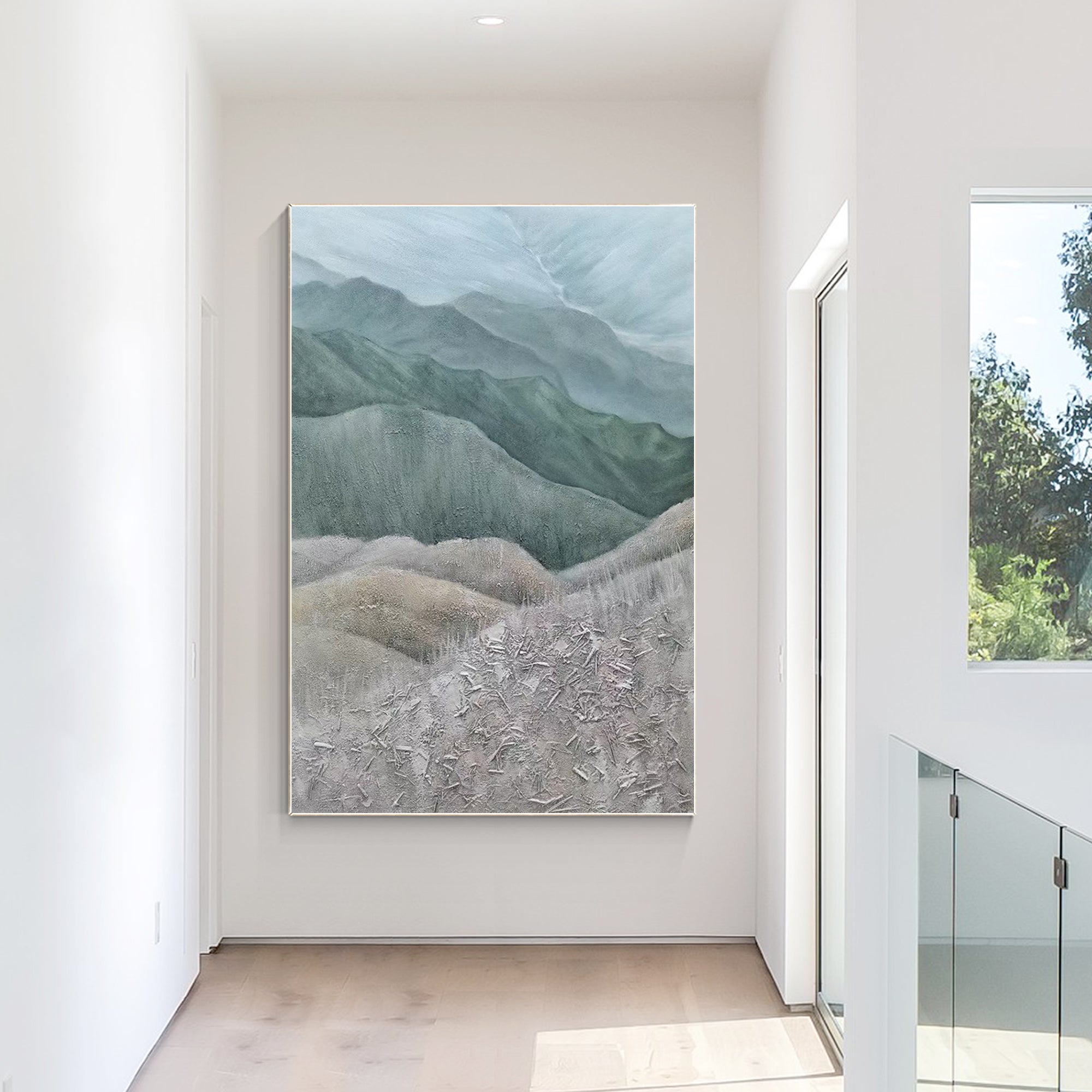 Gray-green mountains landscape painting with textured details, featuring a minimalist design. Extra large vertical wall art for serene home decor.