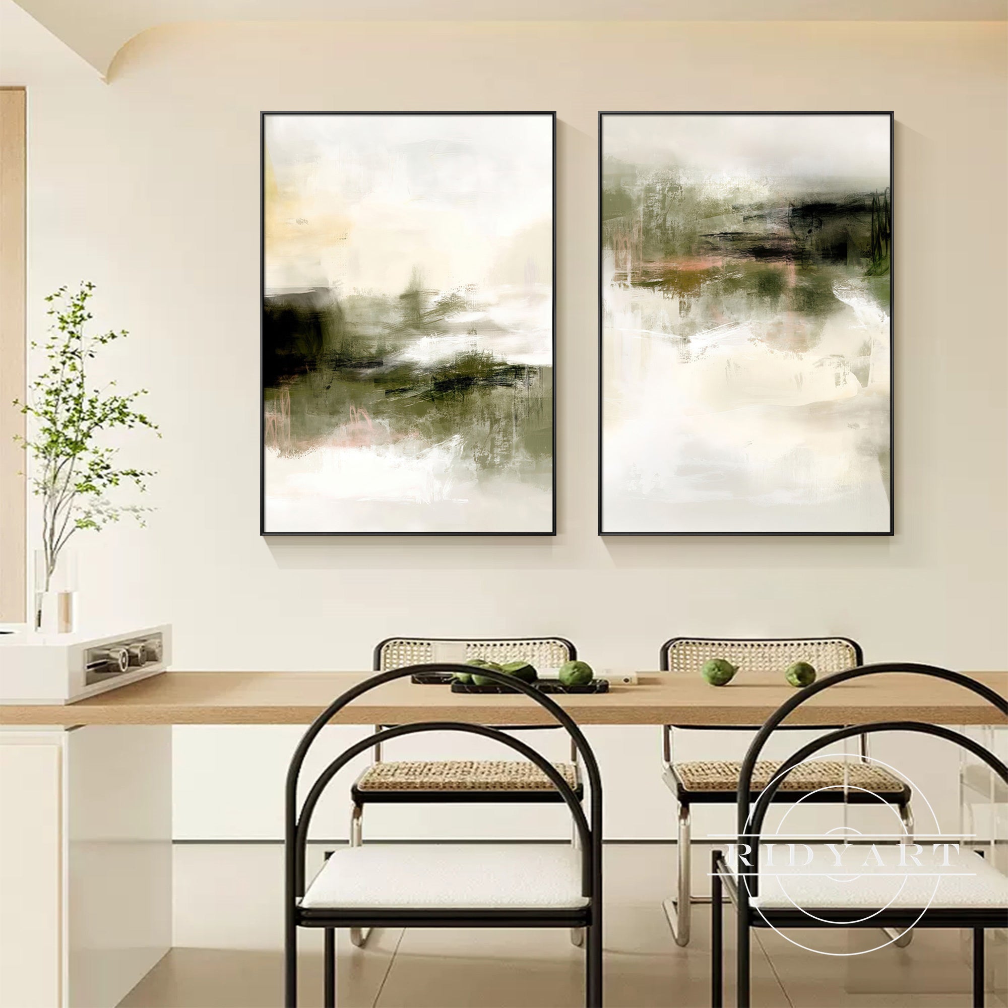 Deep green abstract wall art set with Wabi-Sabi influences for interiors.