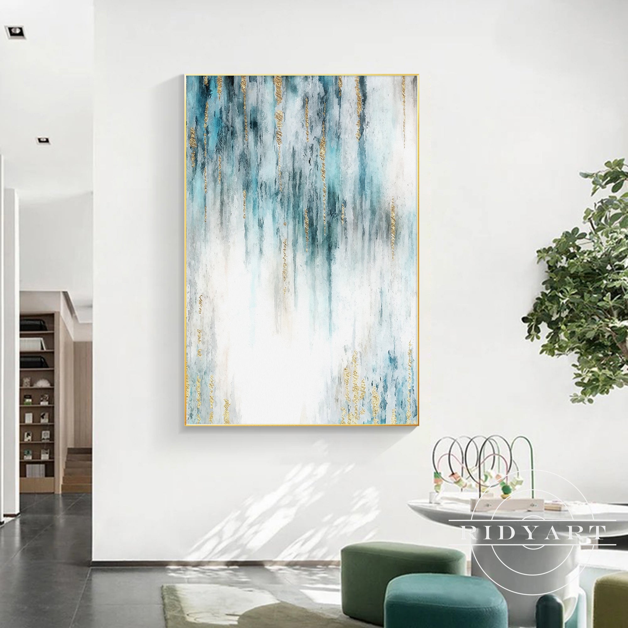 Modern abstract wall art in turquoise blue and gold for elegant interiors.