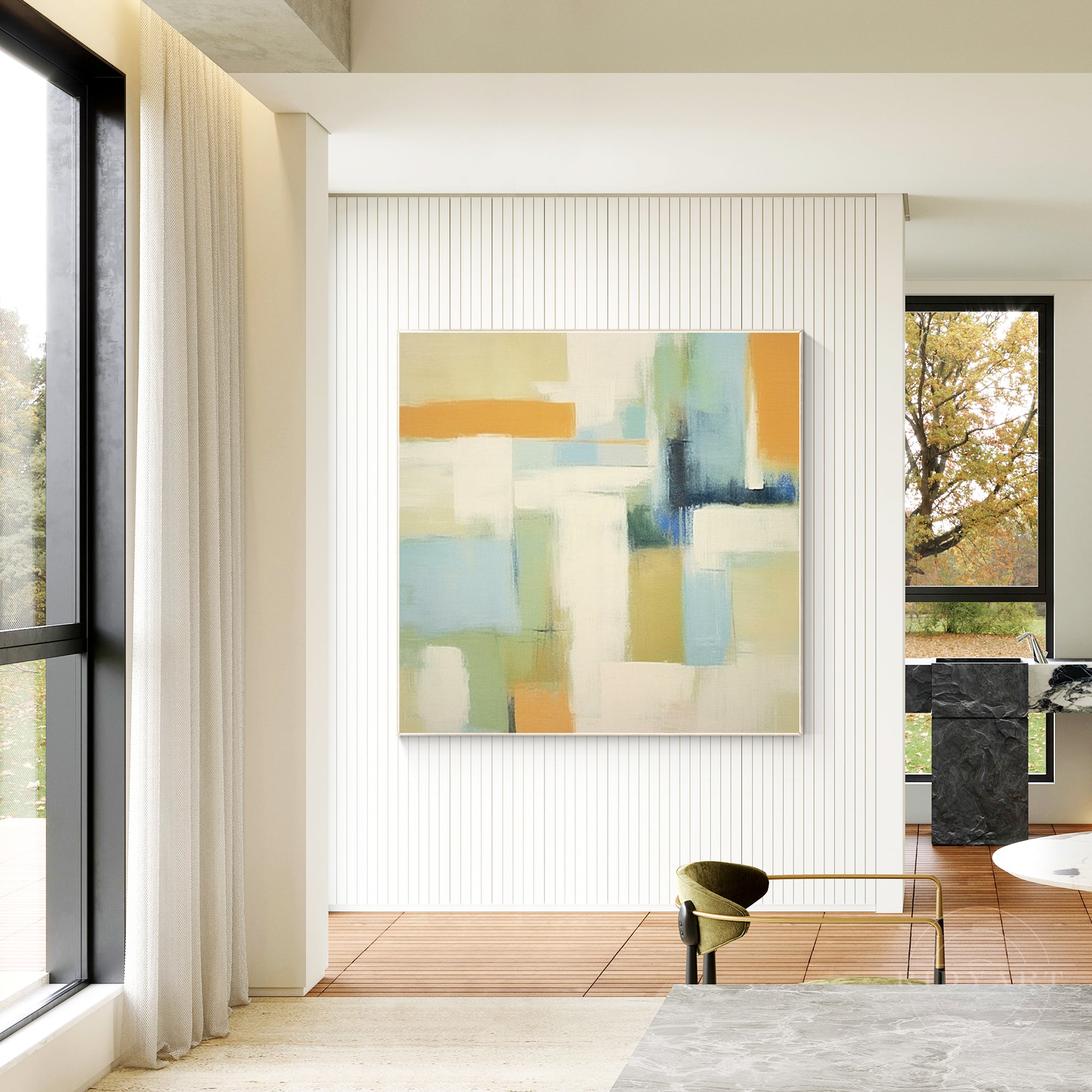 Abstract geometric beige warm-toned painting on canvas. Extra-large square wall art for modern and minimalist home decor.

