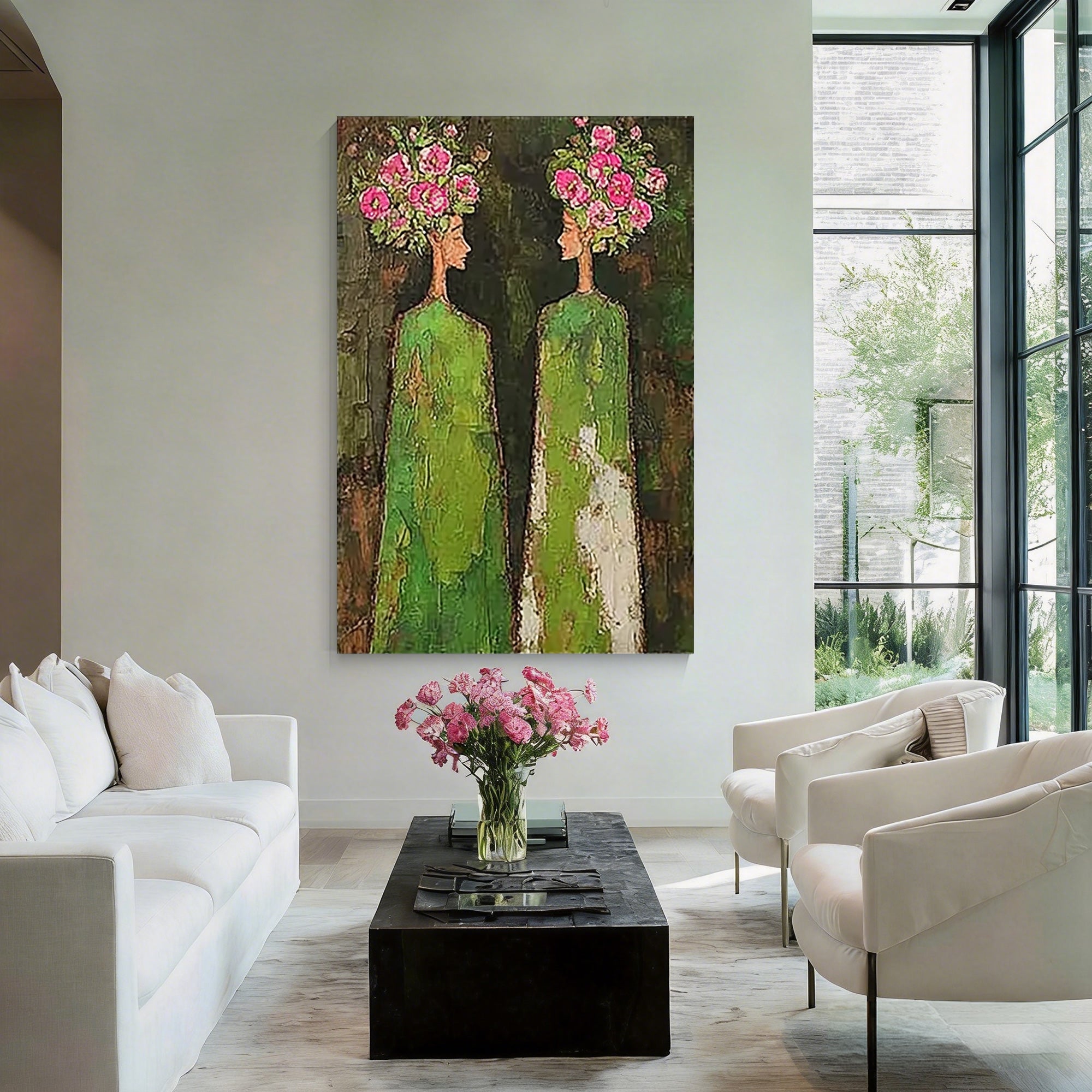 feminine abstract painting beige green wall decor