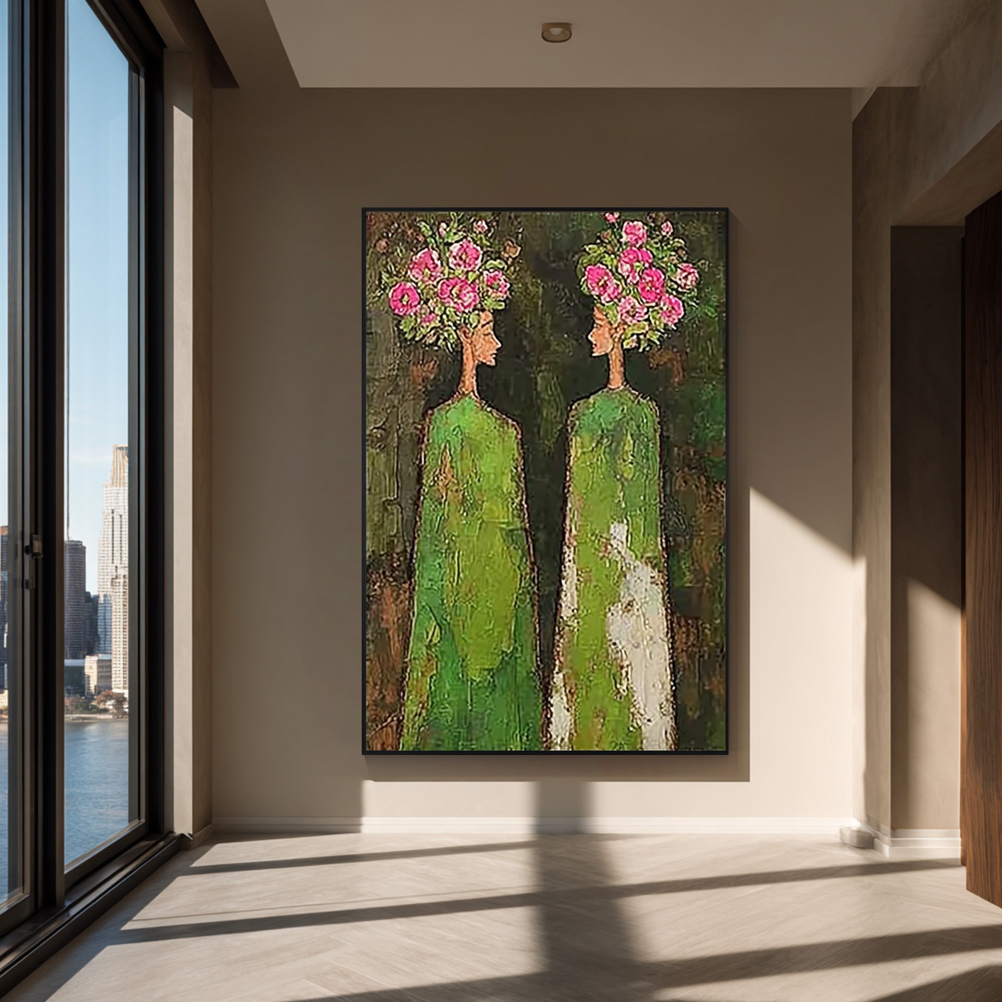 vintage abstract woman floral beige green textured wall art