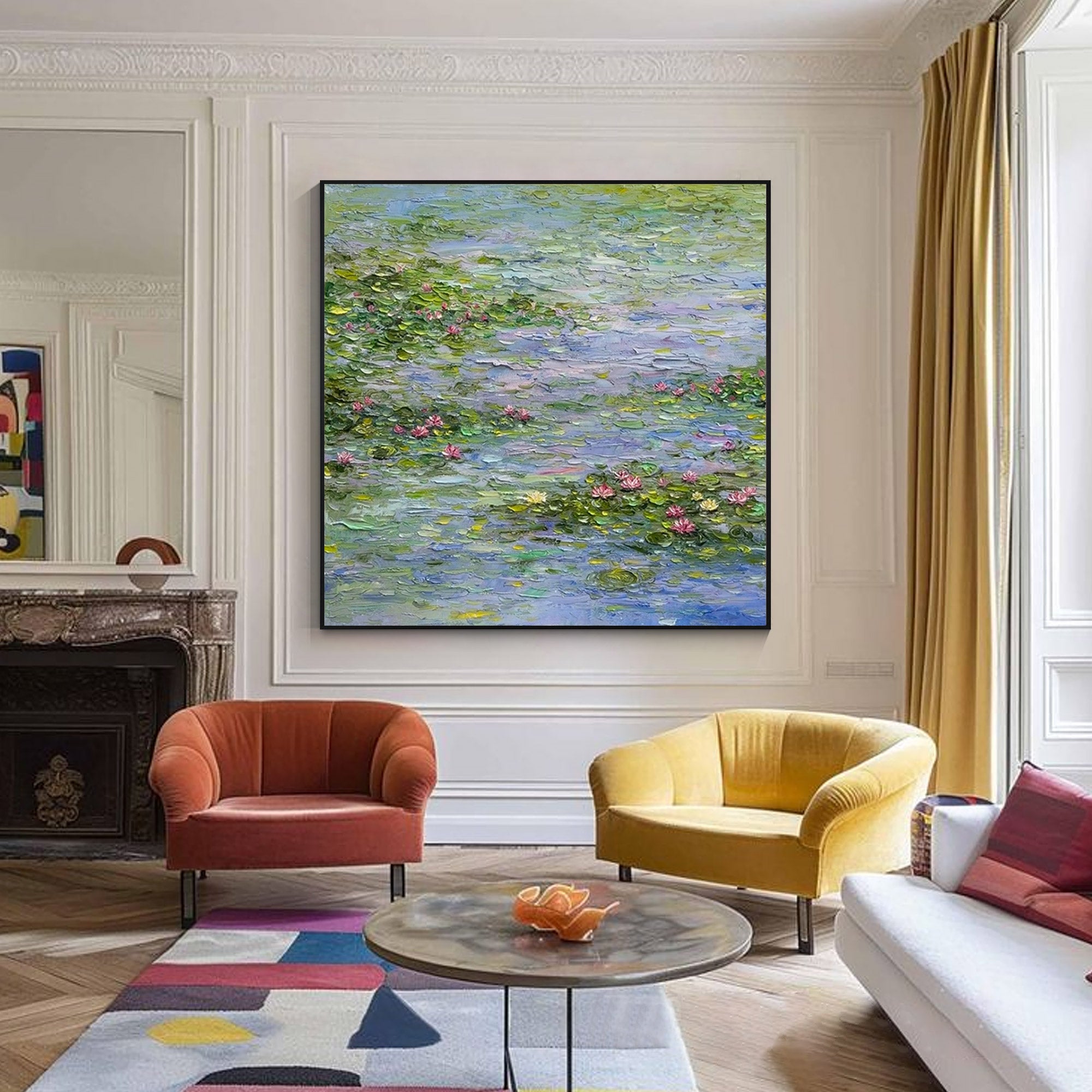 Floral water lily wall art with impressionist brush strokes