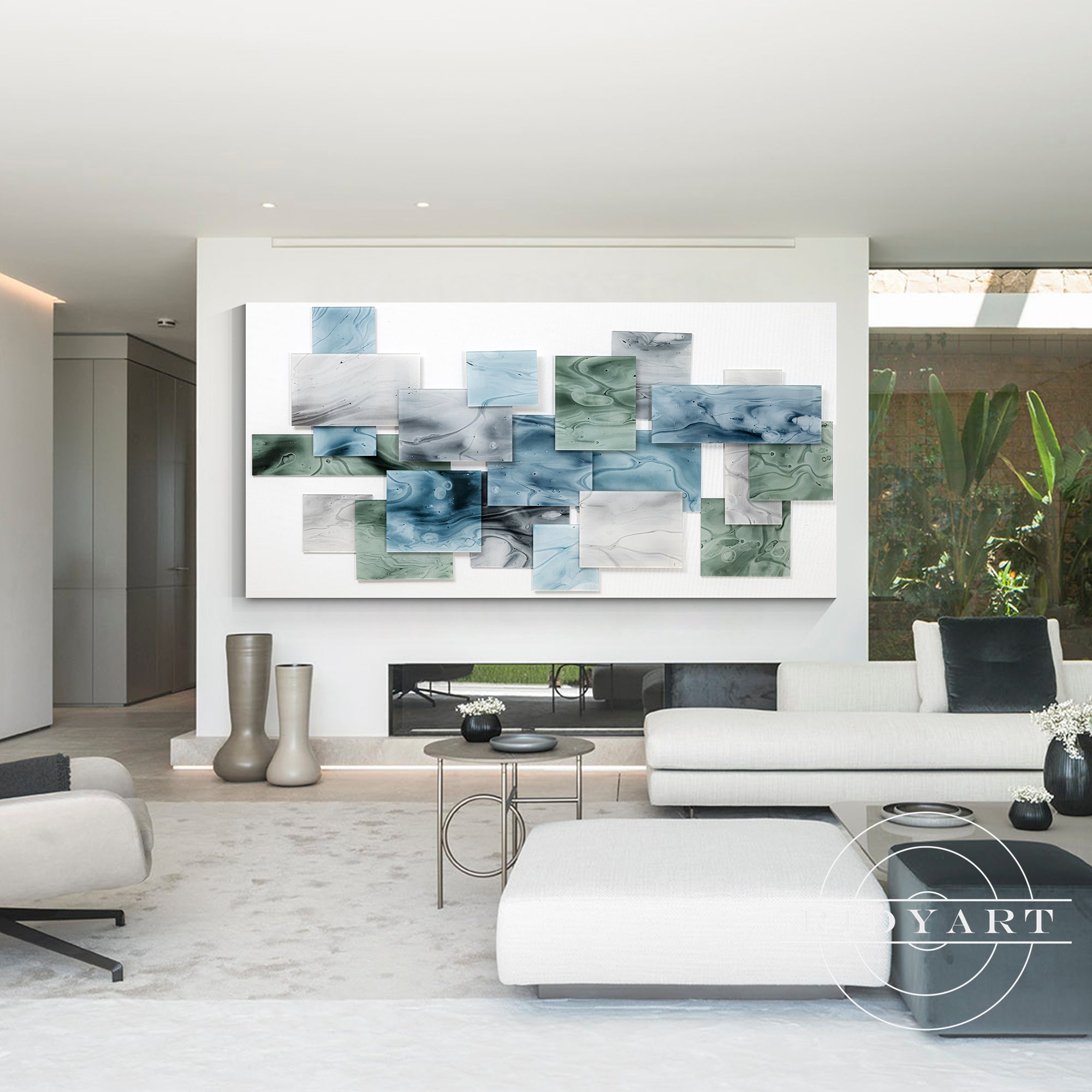 Large horizontal abstract wall art with marble glass effect