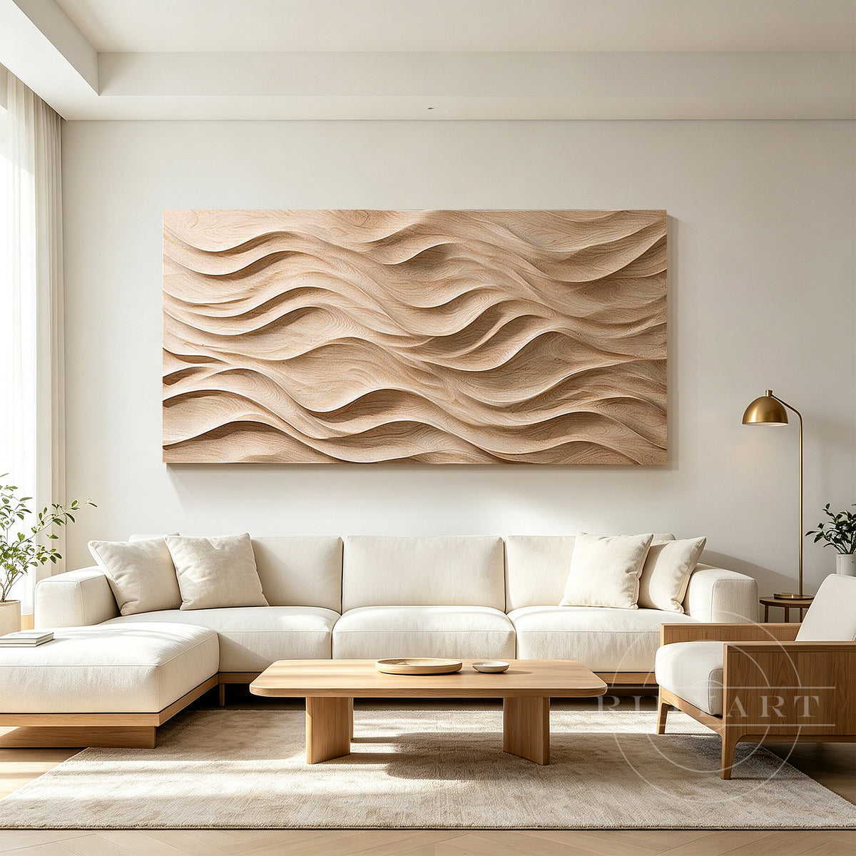 Flowing wave carved wood wall art with warm beige and oak tones, front view