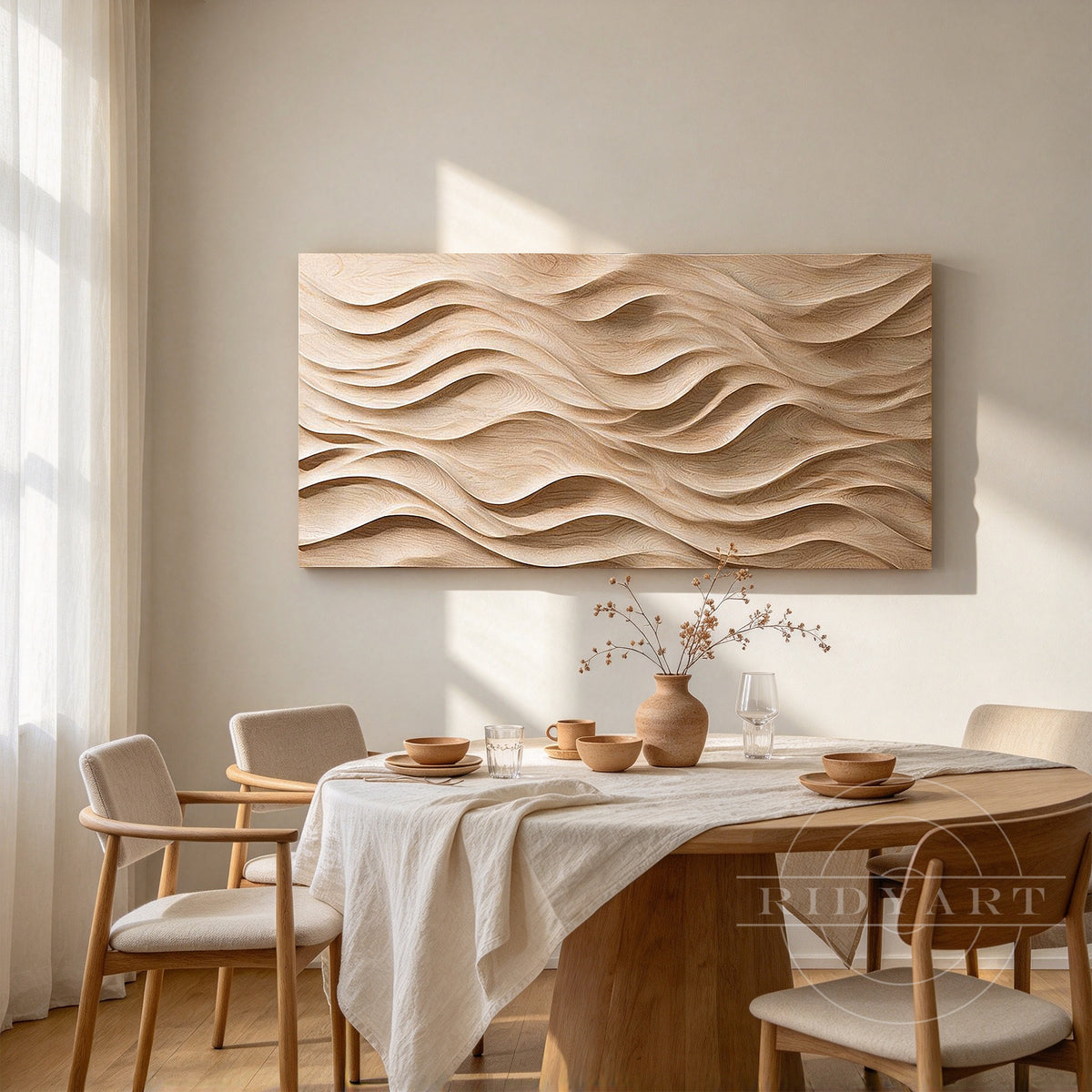 Flowing wave wood wall sculpture mounted above a modern sofa
