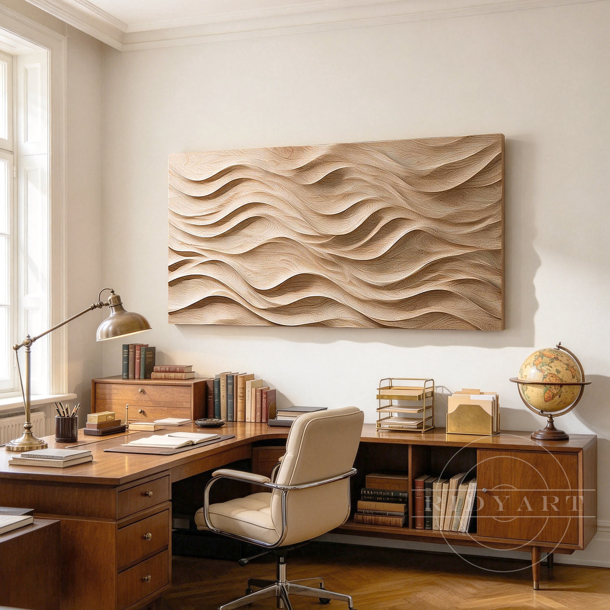 Carved wood wave art in warm honey brown tones, angled view