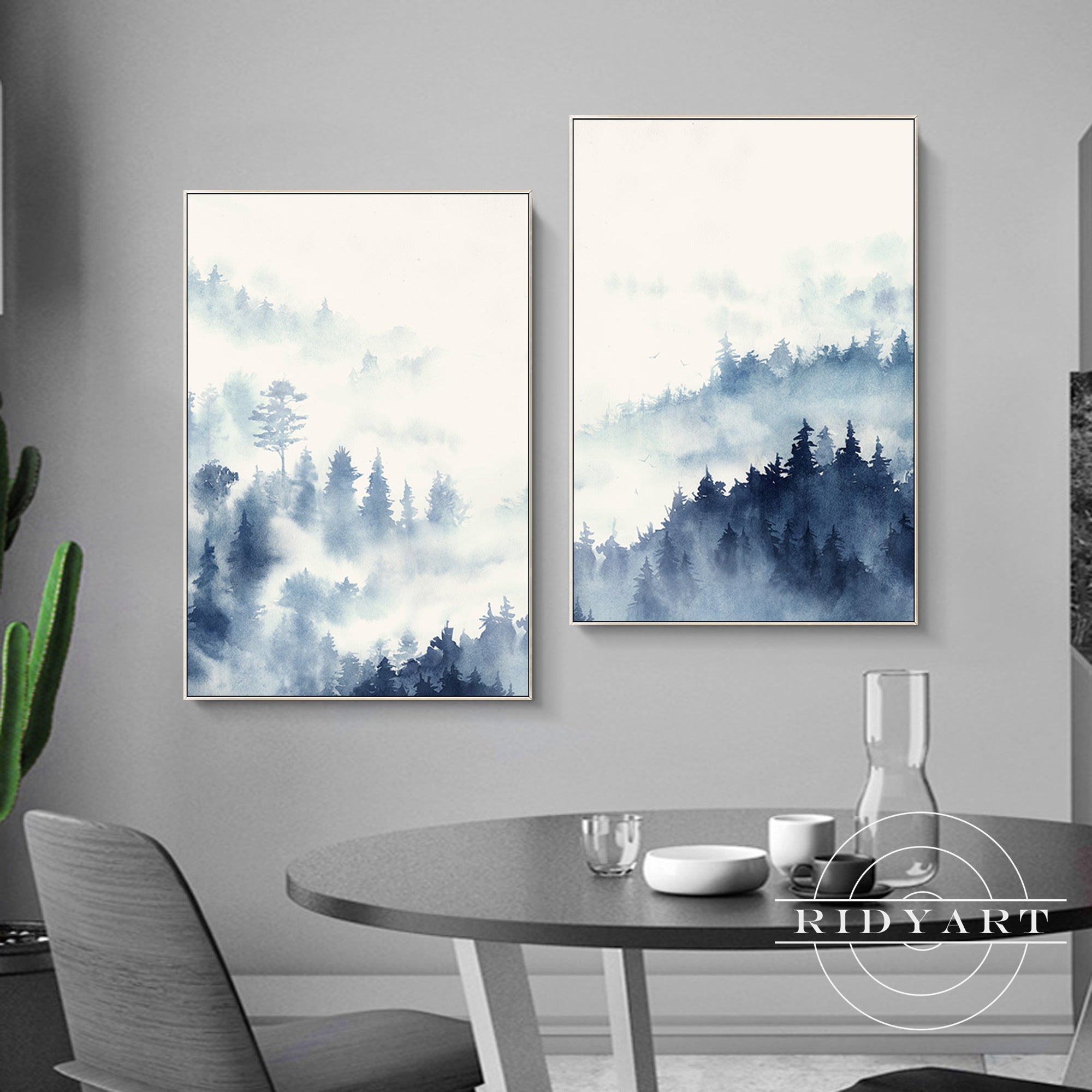 Abstract foggy forest wall art in navy blue for modern interiors.