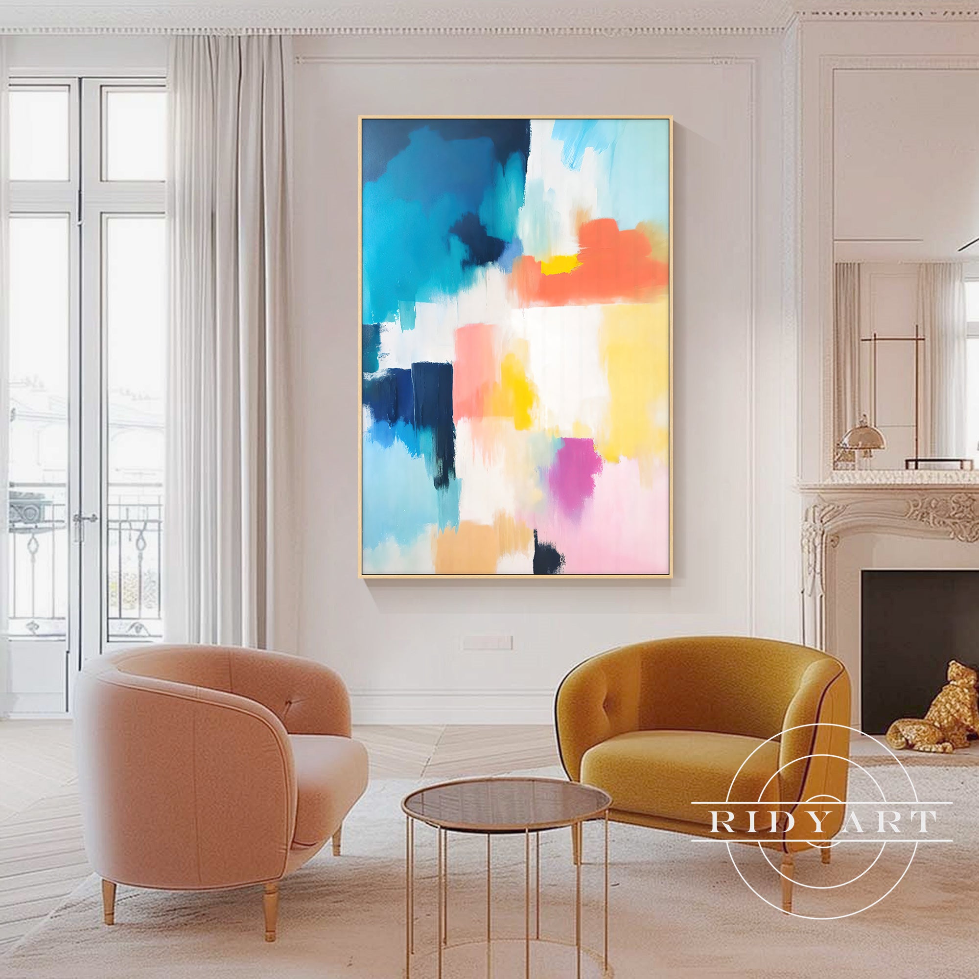 Bold blue pink living room artwork