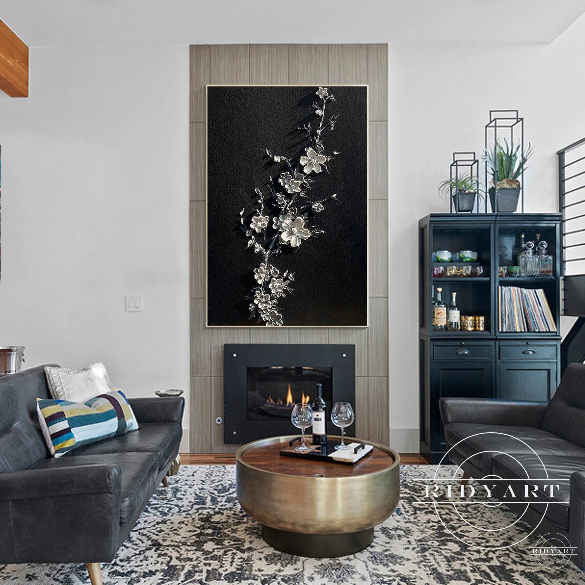 Framed modern floral artwork for living room décor