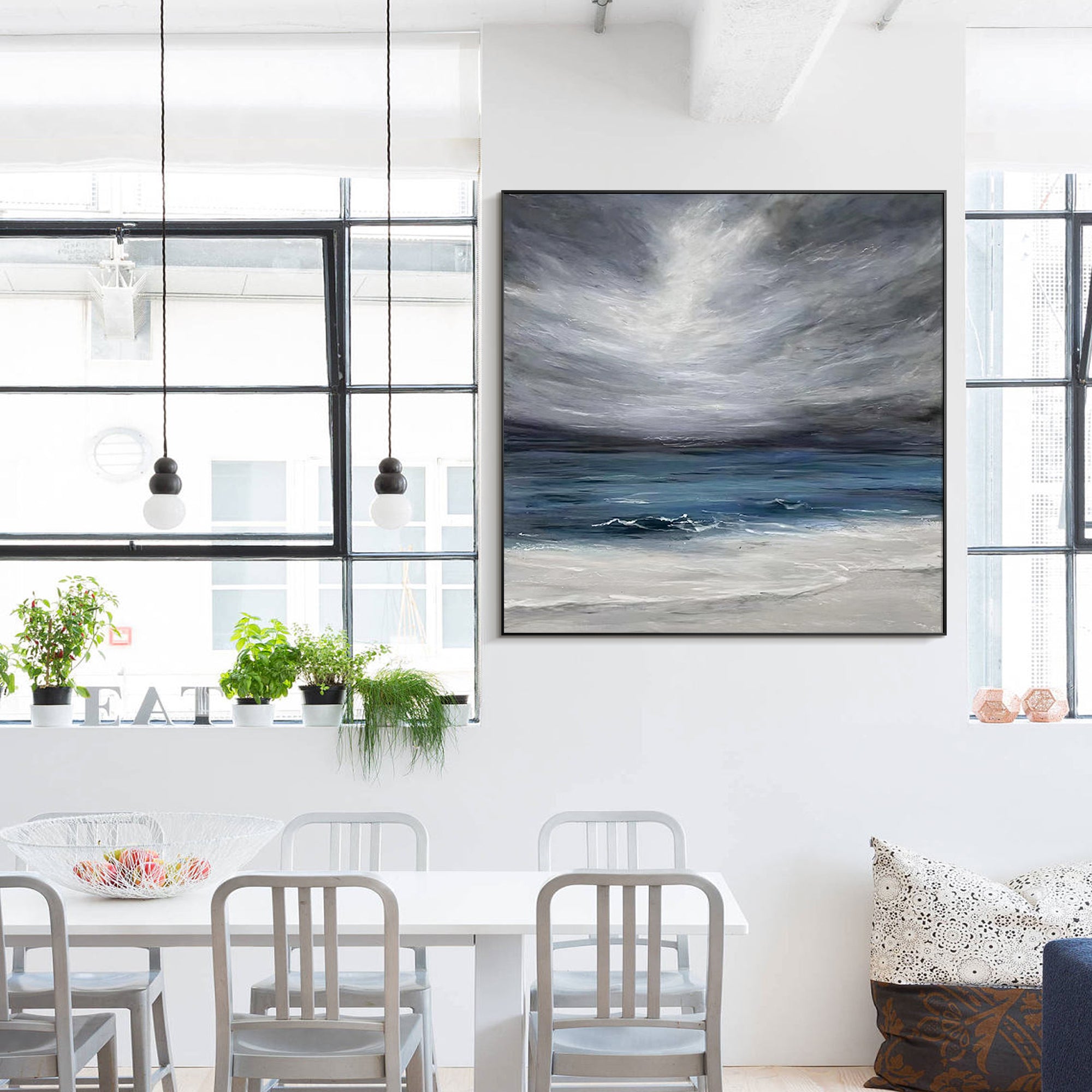 Modern abstract navy coastline painting for living room decor