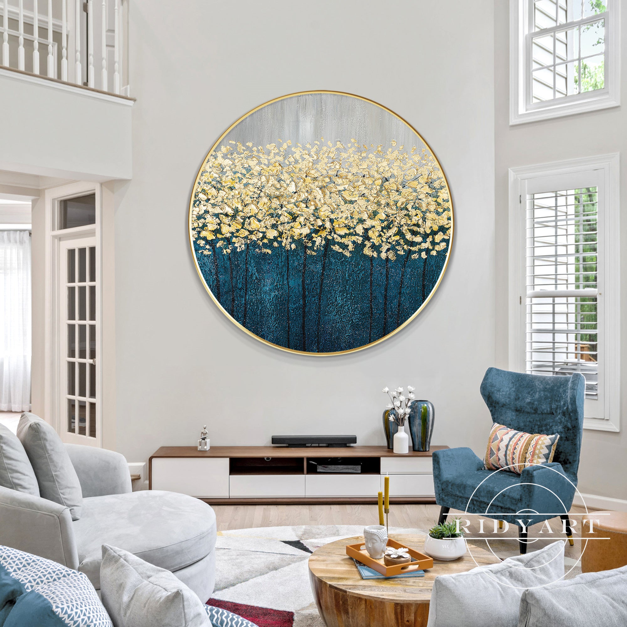 Modern textured acrylic painting with gold accents