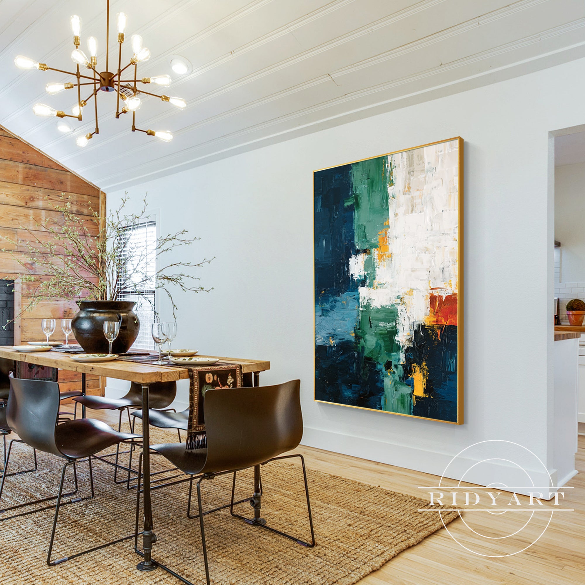 Framed navy blue abstract wall art with deep green and neutral tones