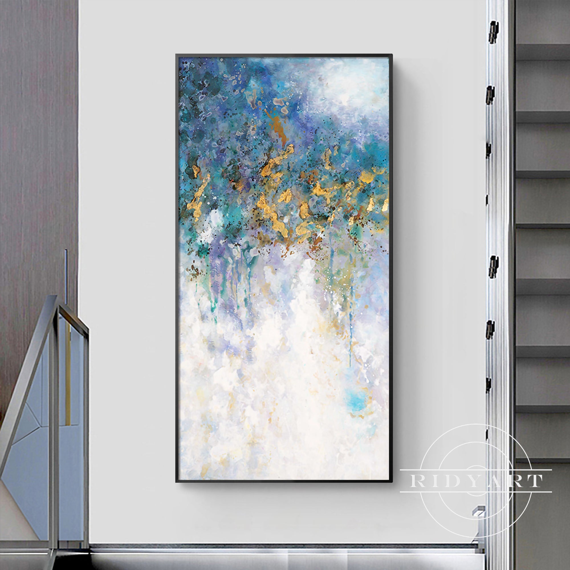 Framed navy gold abstract artwork