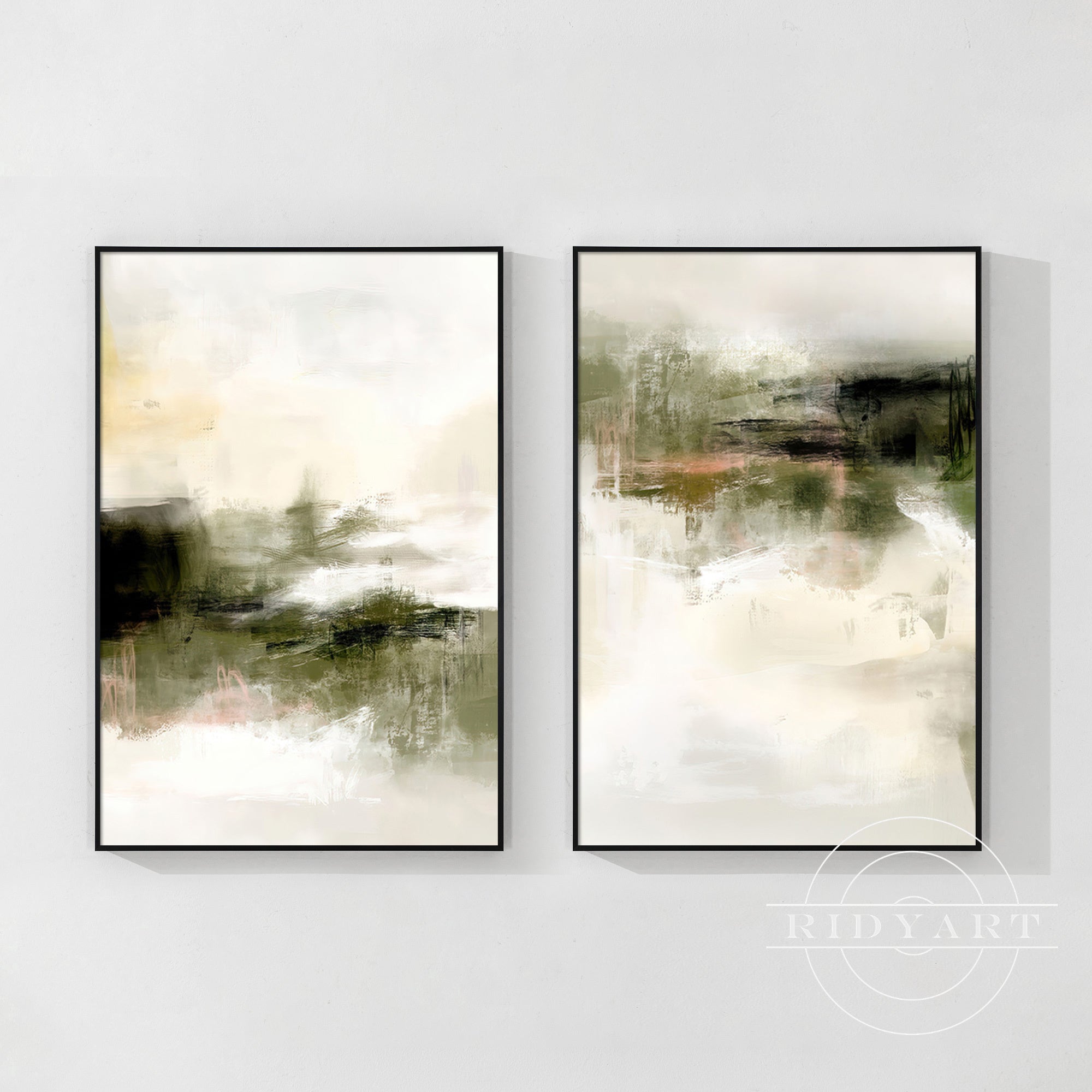 Olive green abstract landscape painting set for sophisticated home decor.