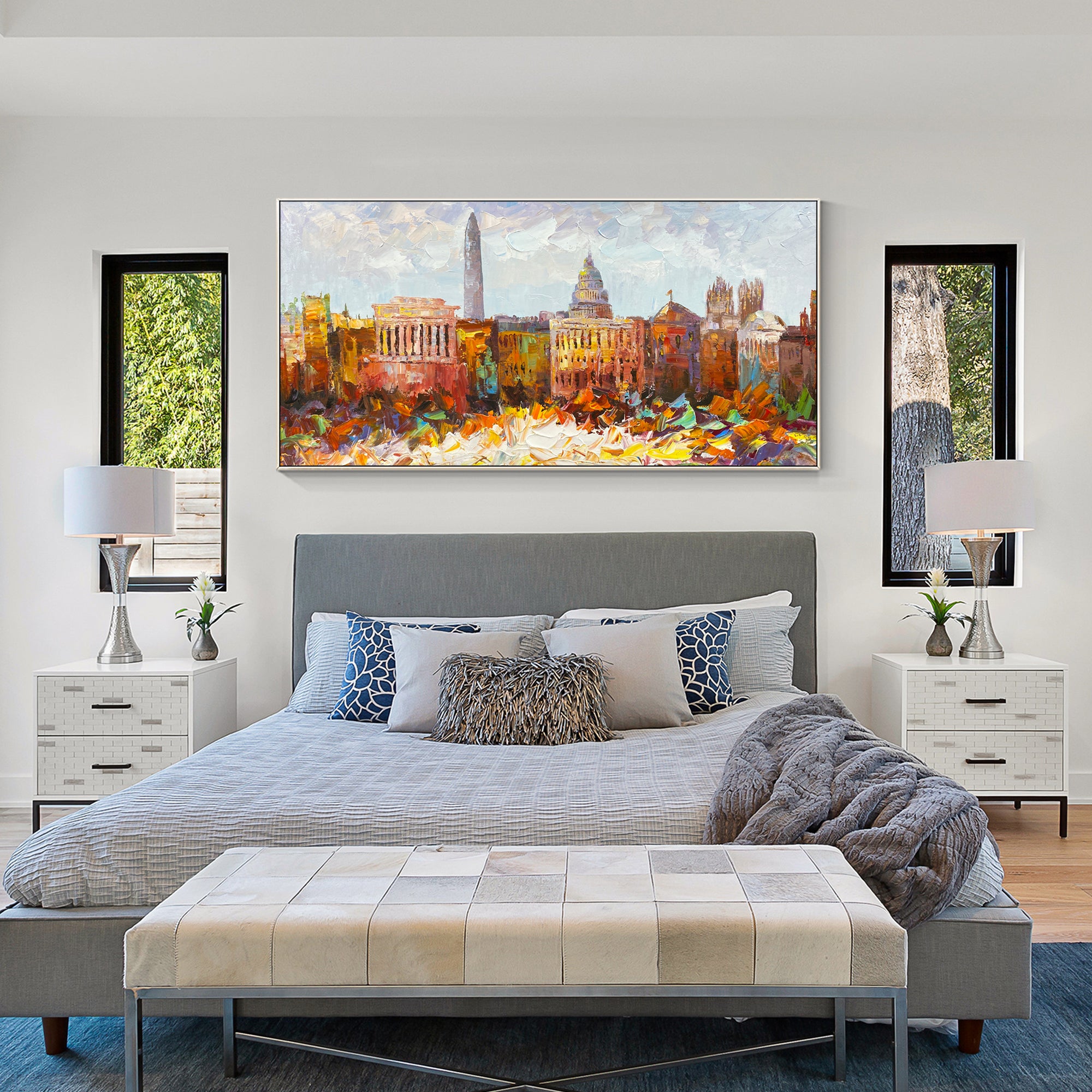 modern washington skyline painting for living room decor