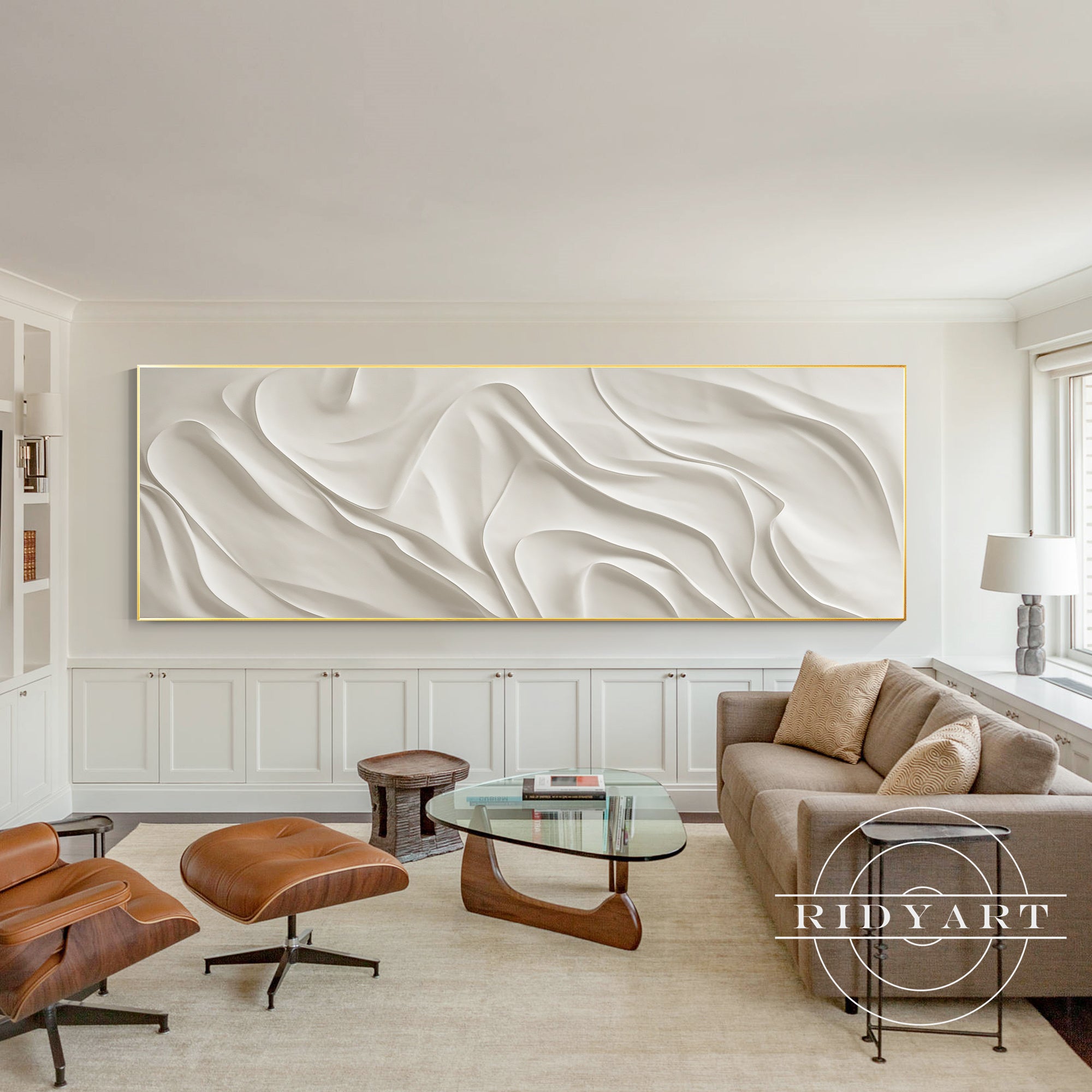 Oversize abstract landscape painting in soft neutral shades