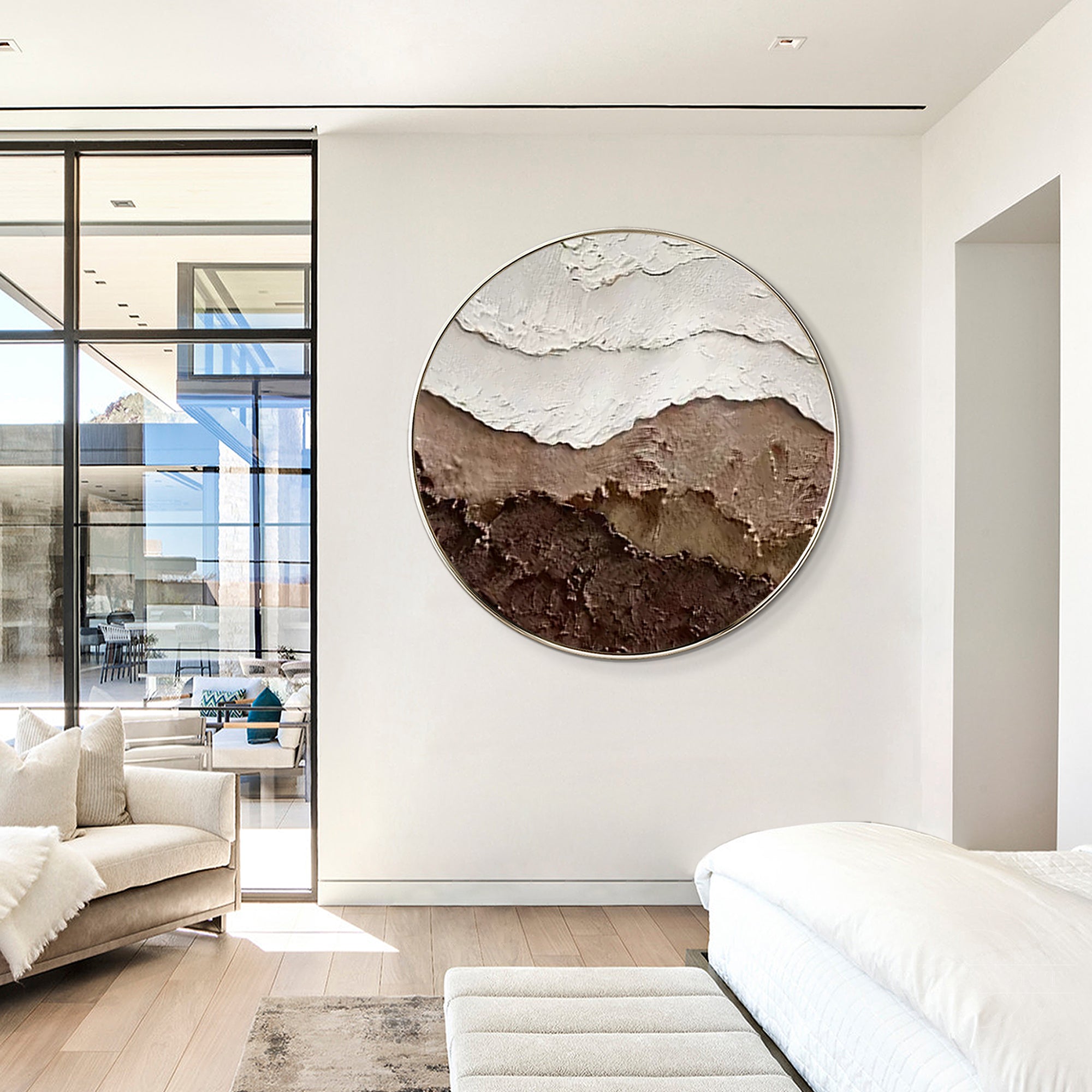 Earth tone brown 3D textured ocean waves painting, framed wall art. Adds depth and elegance to living rooms, bedrooms, or coastal decor.