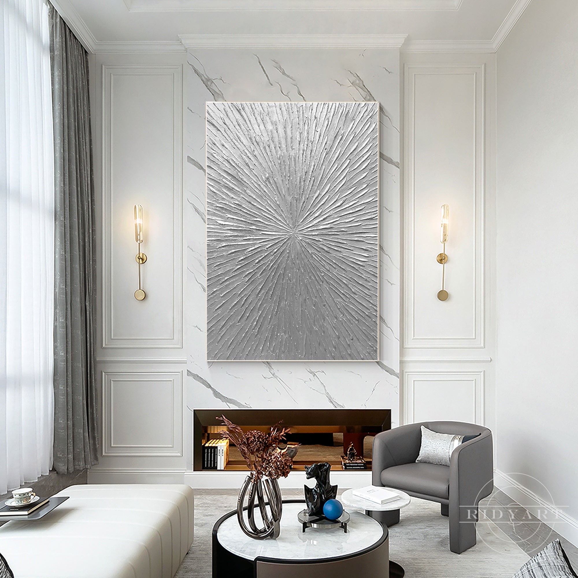 Silver rays abstract thick textured minimalist painting.
