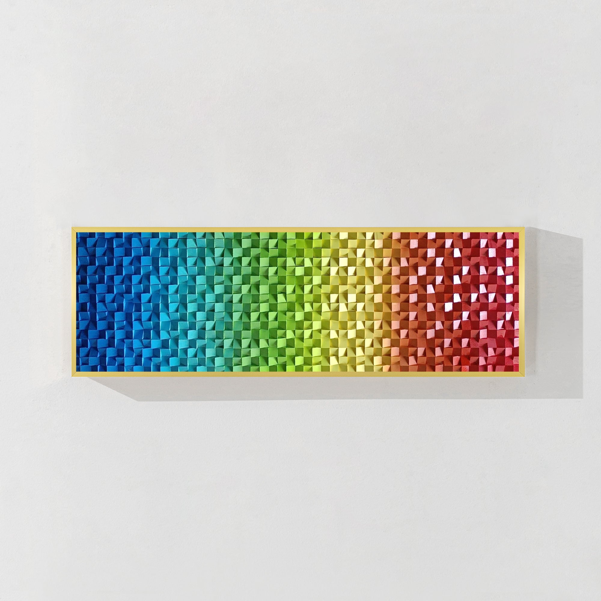 Geometric wood wall art with rainbow mosaic design