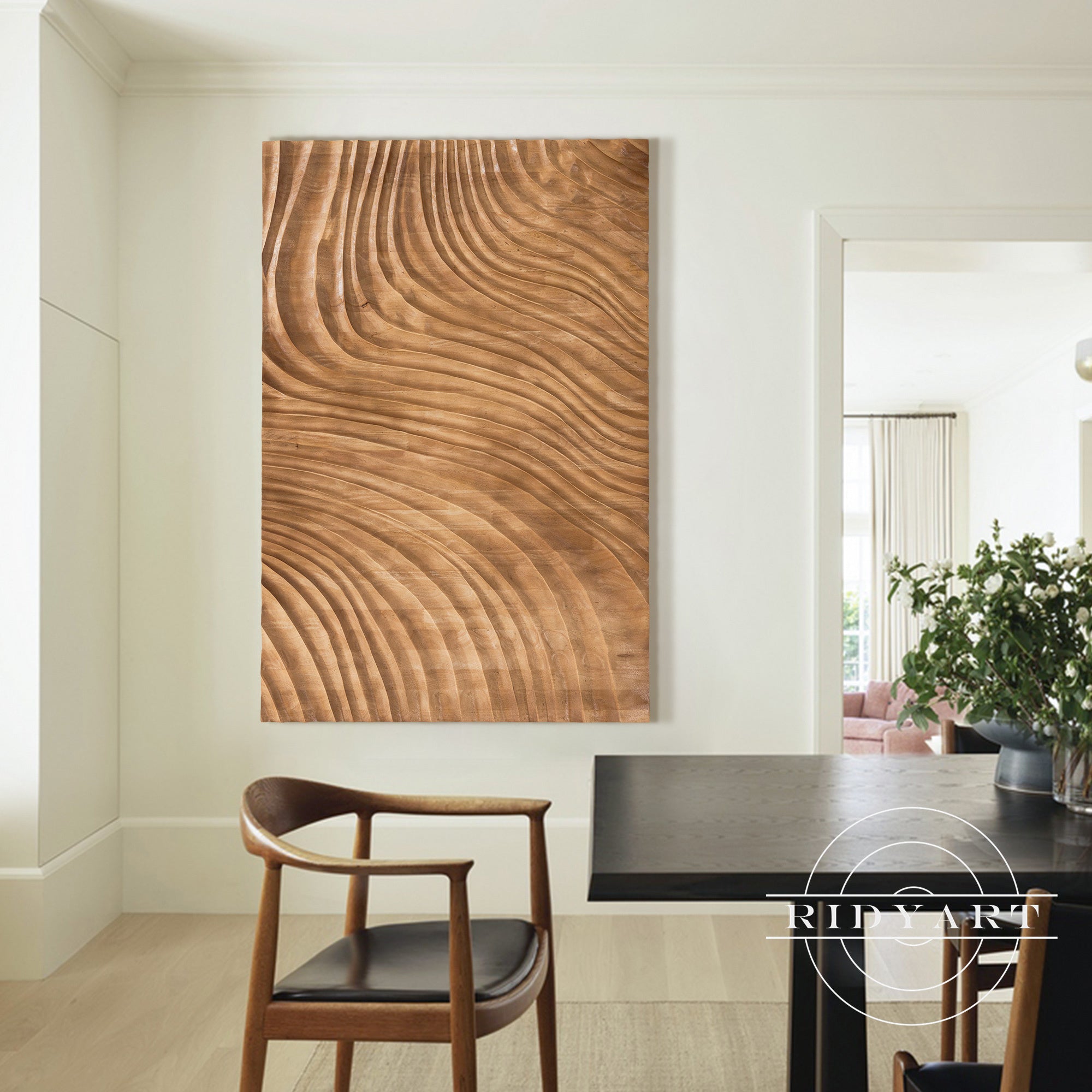 Geometric wood wall art with rustic wavy pattern