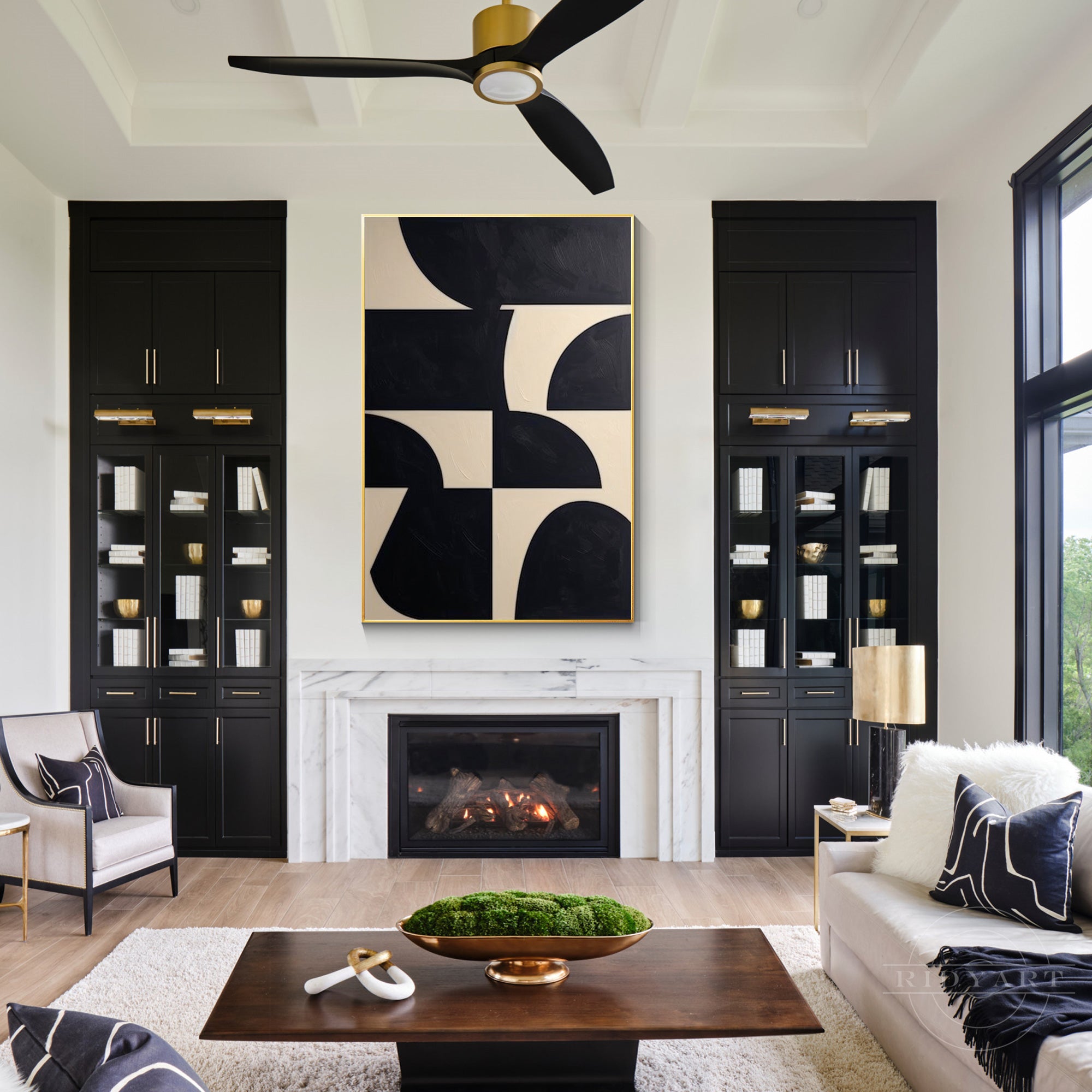 Black and beige textured geometric painting on canvas with organic shapes. Large wall art for industrial and minimalist home decor.

