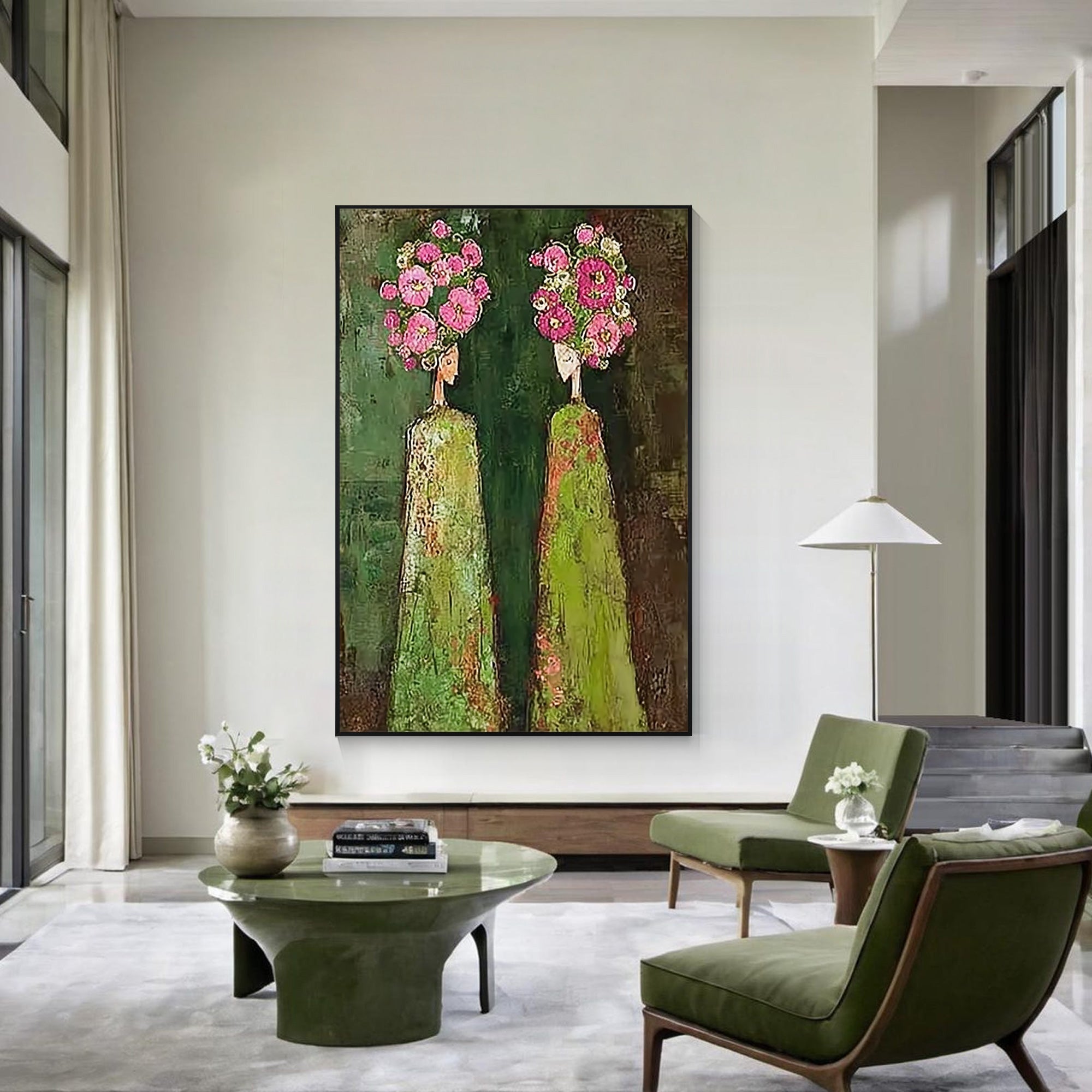 brown green textured abstract woman painting pink flower wall art