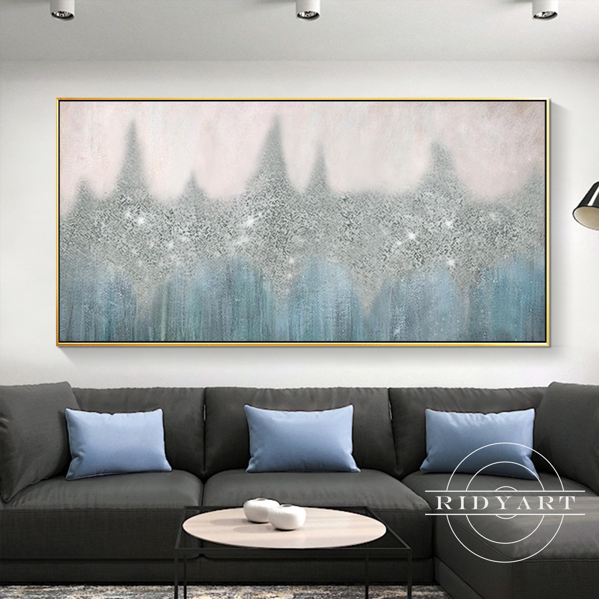 Large framed acrylic painting with silver sparkle