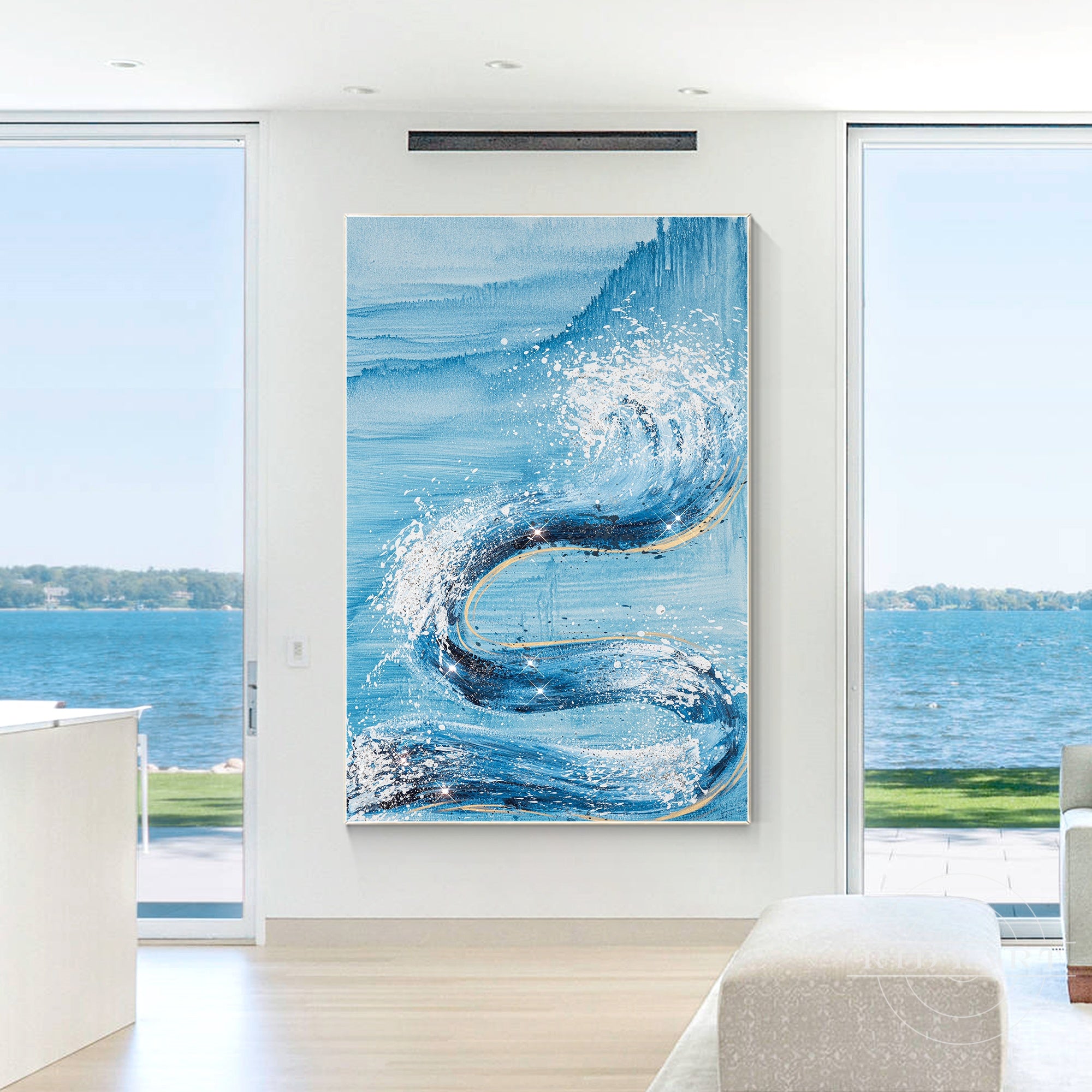 Sky blue and white abstract ocean waves textured wall art.
