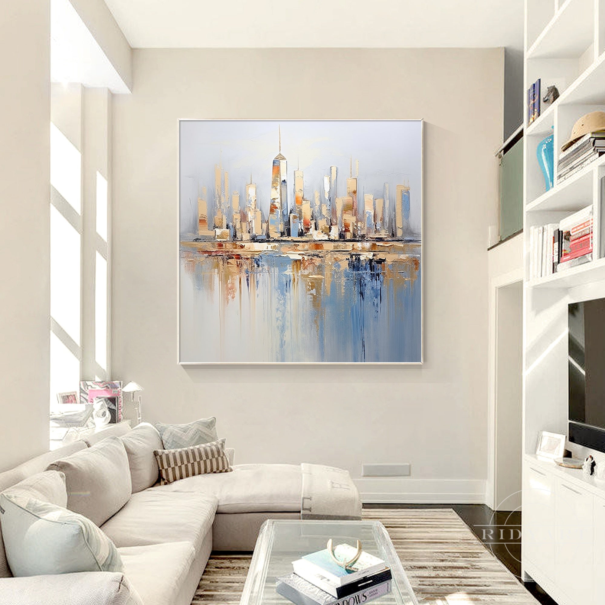 Gold and blue city wall art textured painting for living room decor