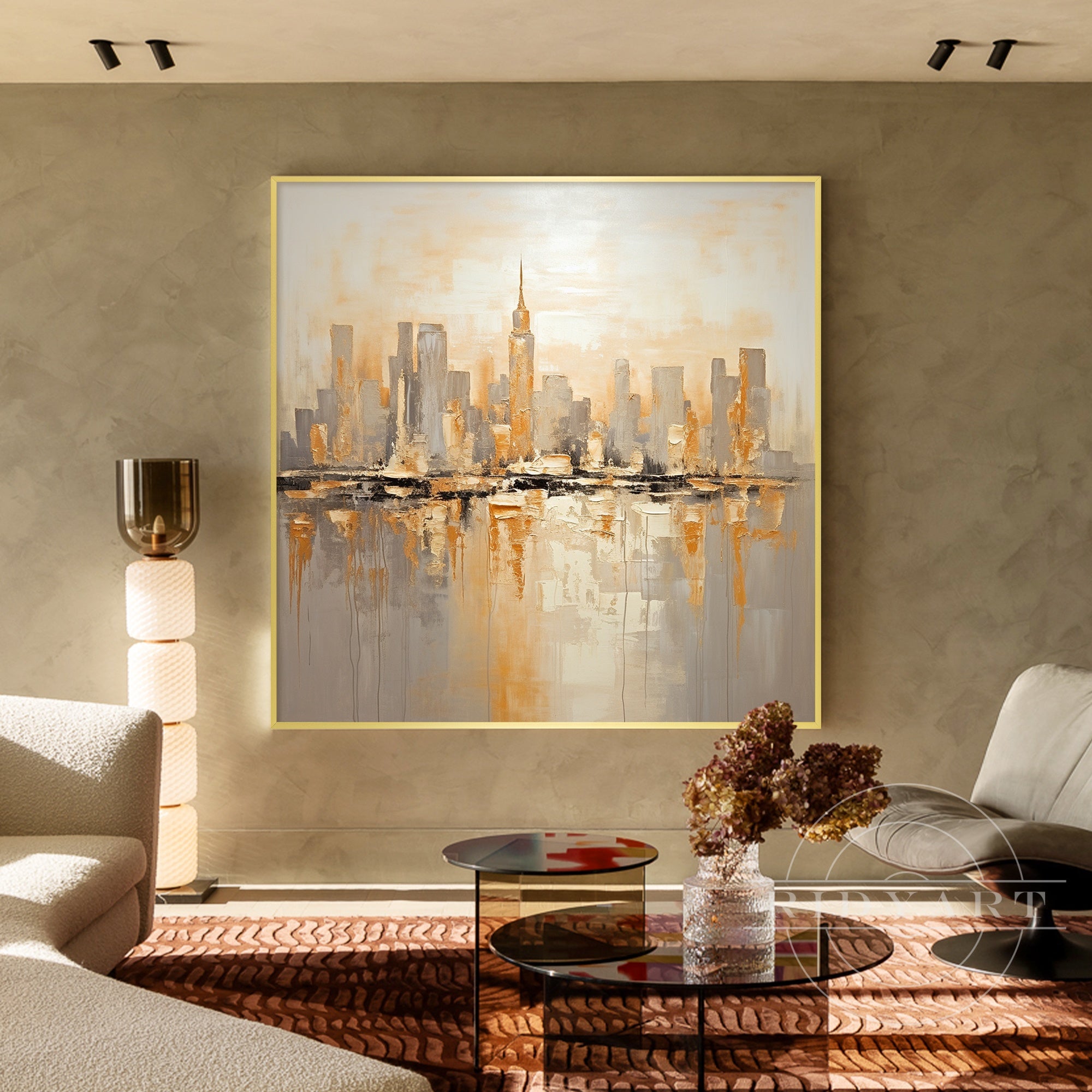 Contemporary gold-toned New York skyline artwork.