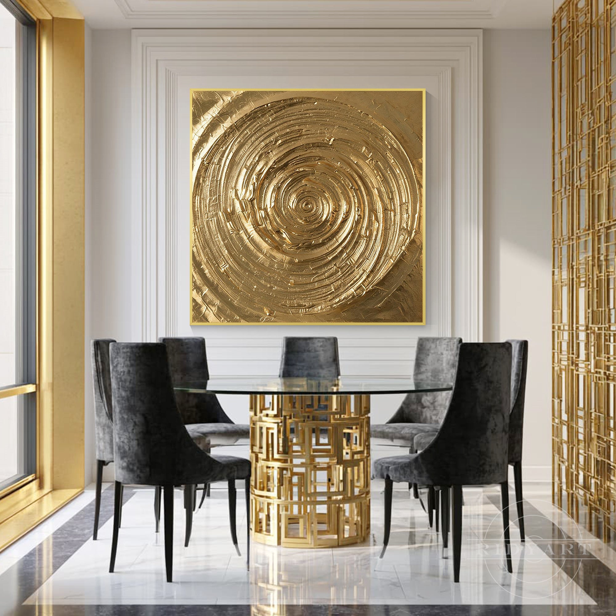 Minimalist gold foil spiral wall painting creating a sophisticated focal point in a modern dining room.