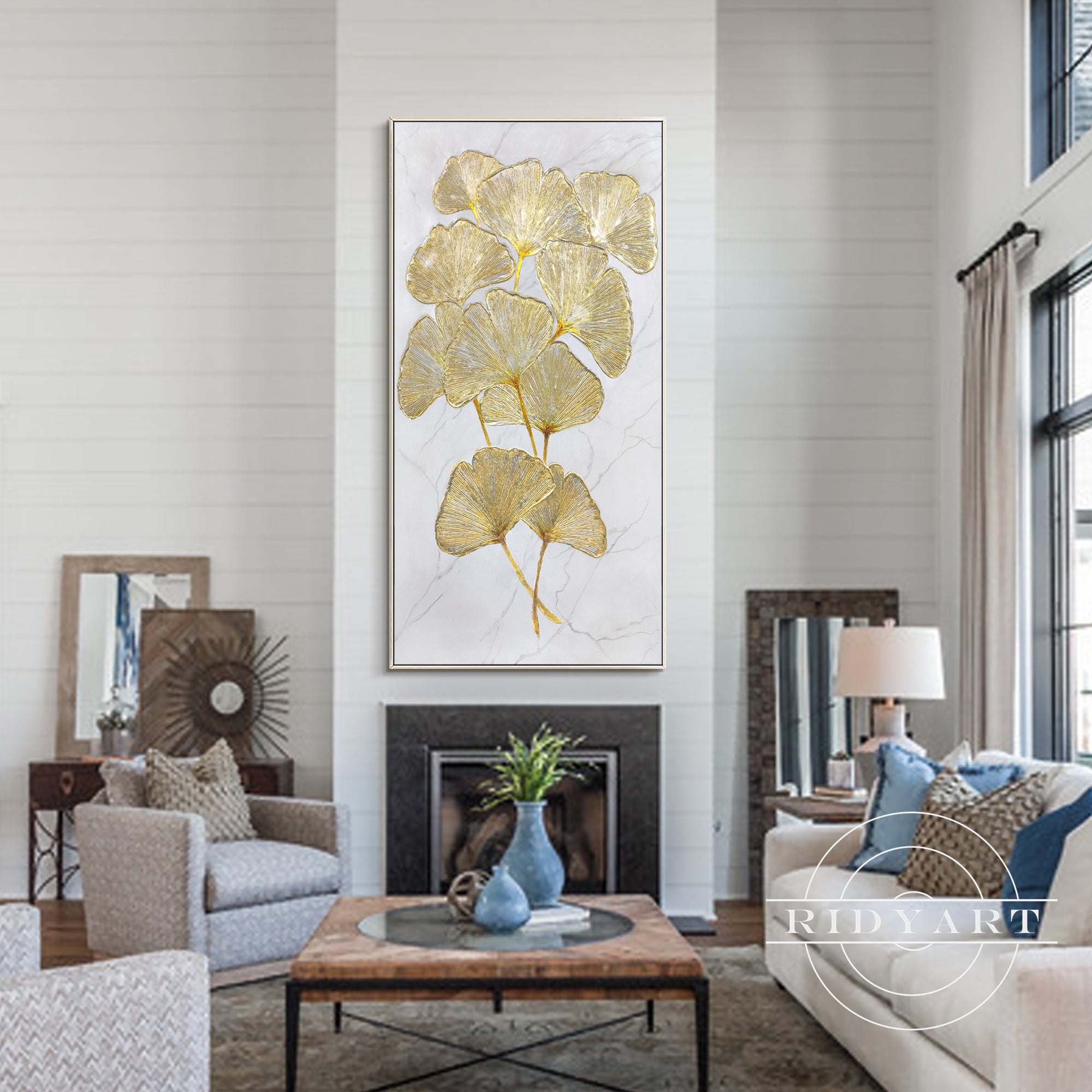 Gold ginkgo leaf abstract canvas painting