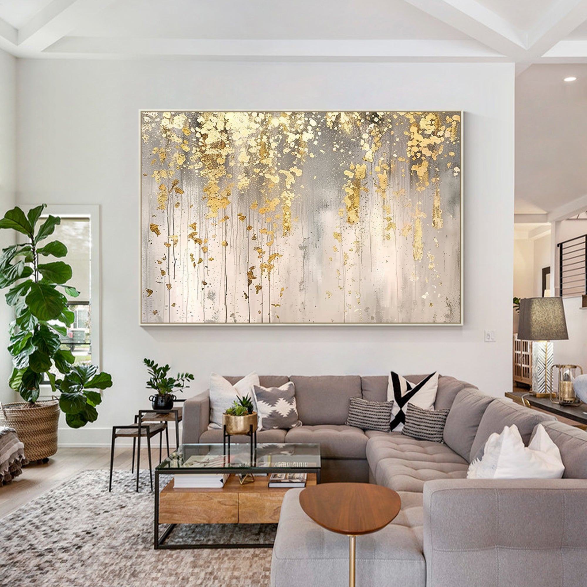 Elegant flower-inspired gold leaf artwork for living room decor.