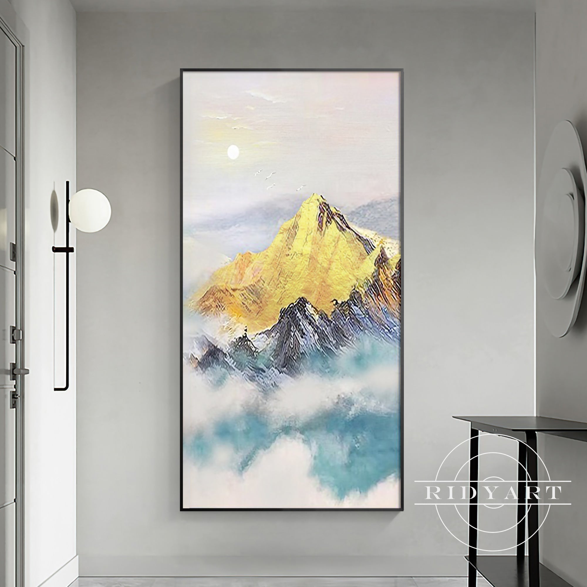 Gold mountain abstract painting with white clouds