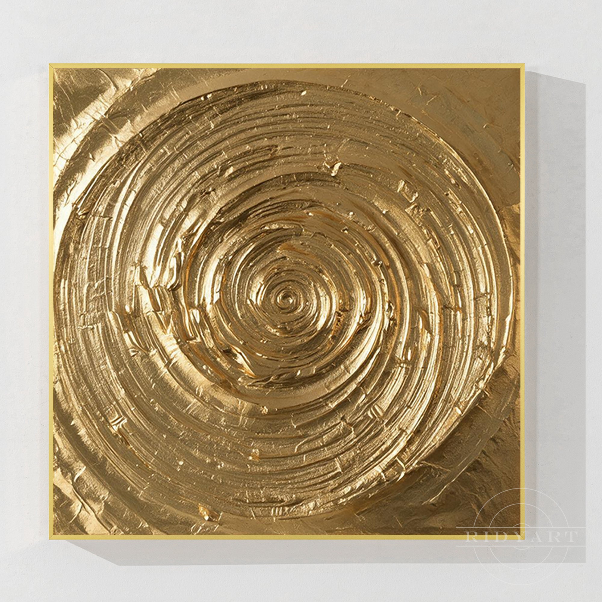 Front view of modern gold textured swirl canvas wall art featuring a 3D abstract spiral design.