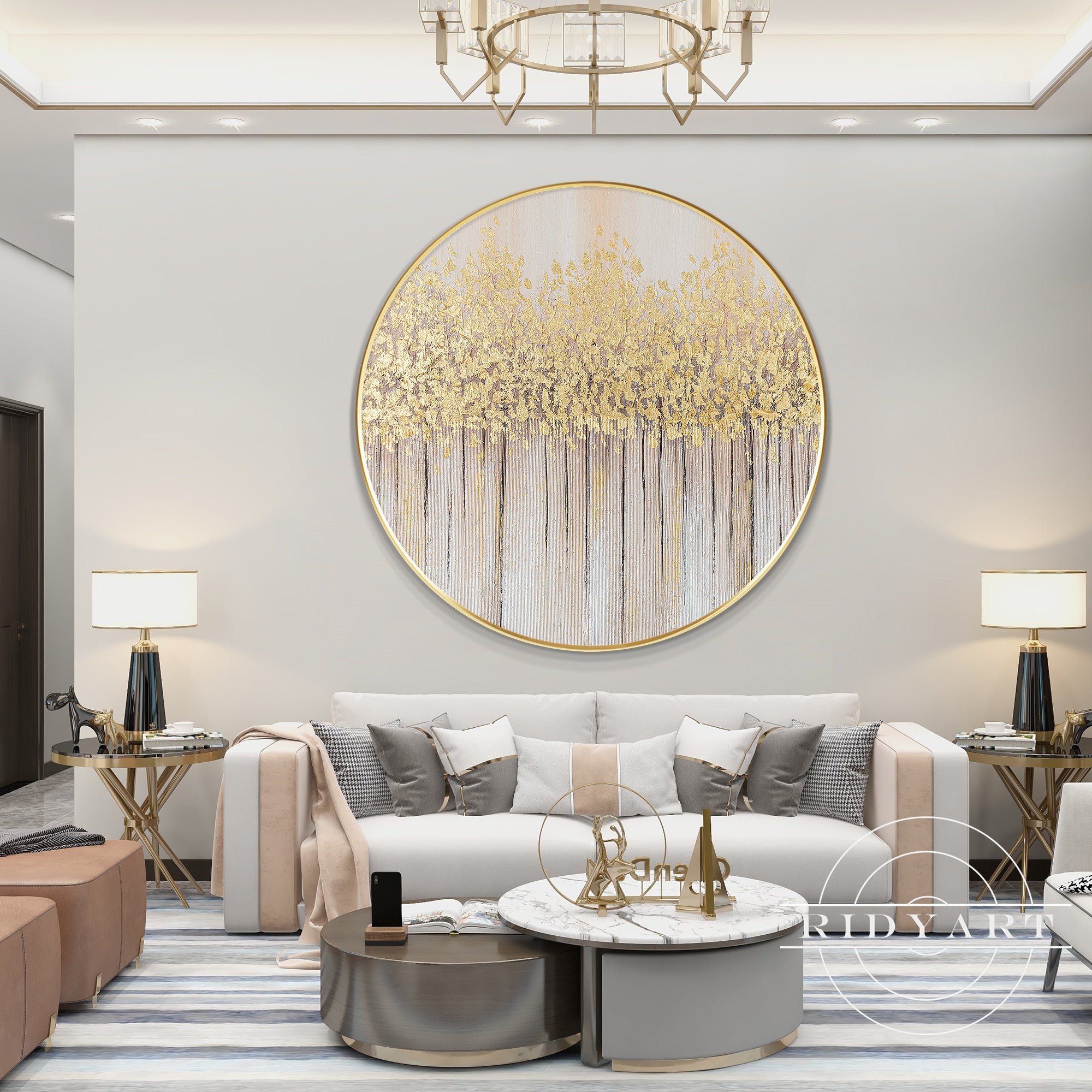 Gold tree round abstract painting with textured gold leaf