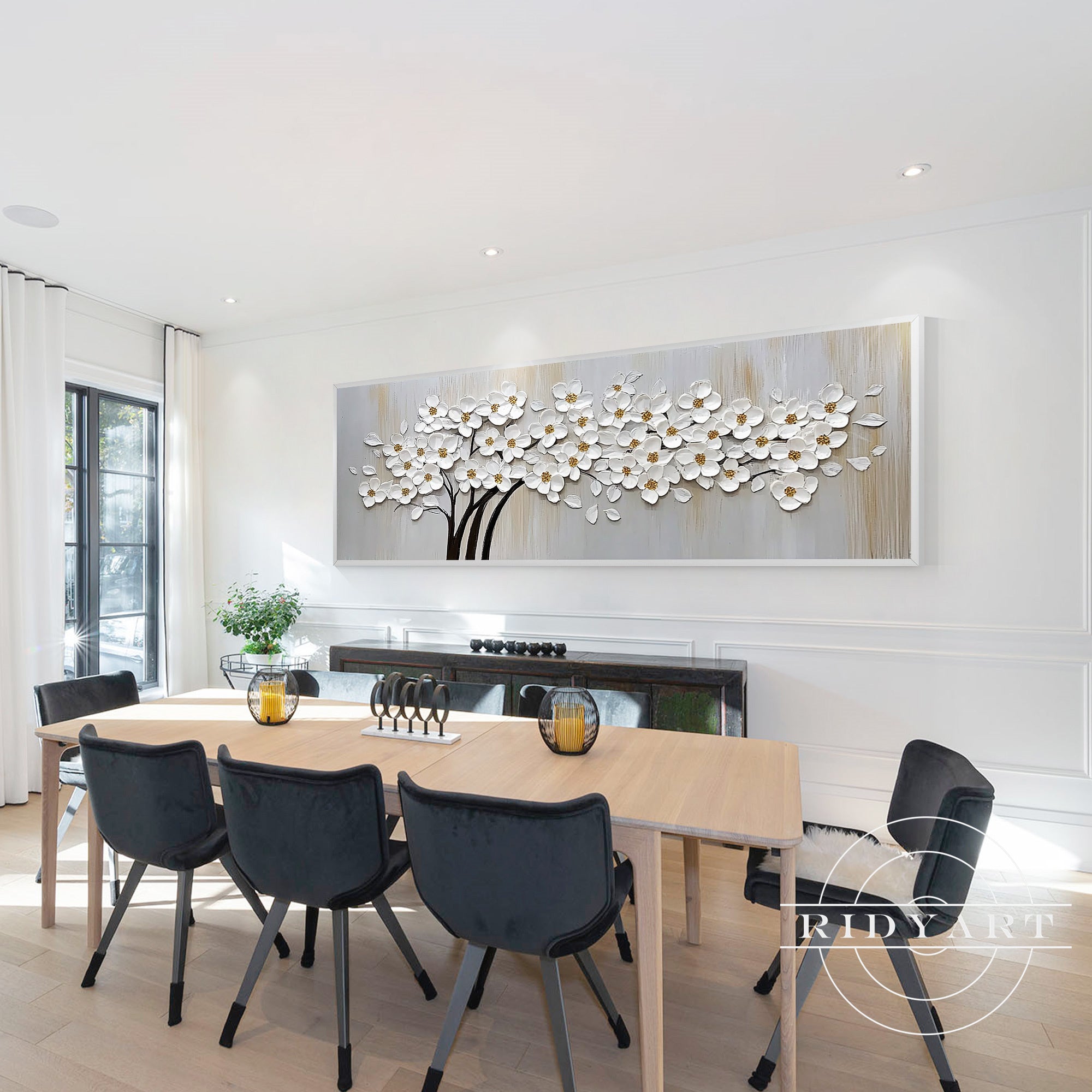 Gold and white flower tree painting with 3D texture
