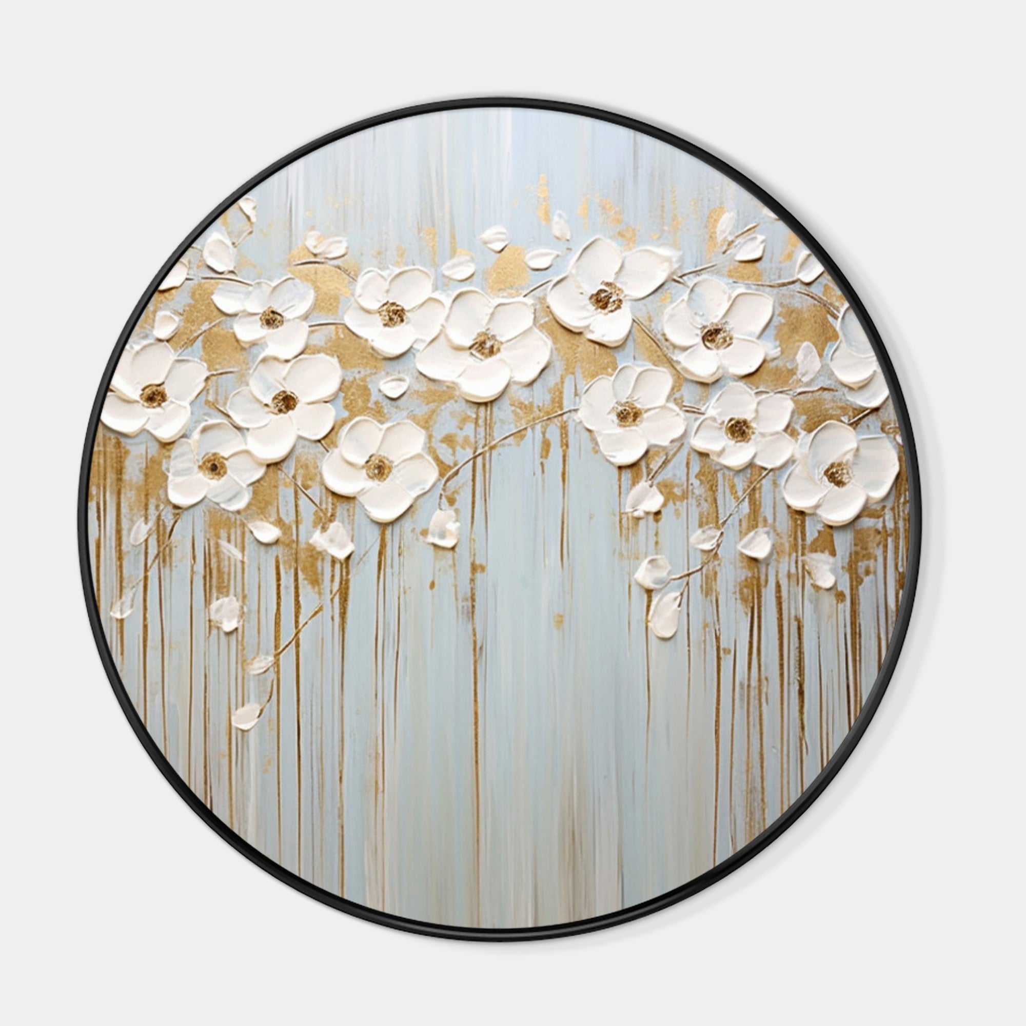 Gold and white round flower painting with textured abstract design