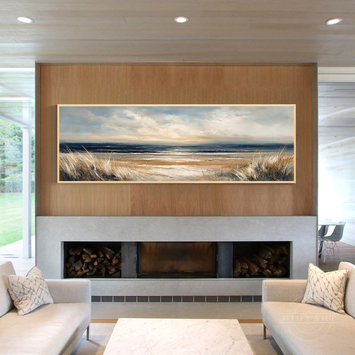 Long horizontal beach landscape art with golden sand, deep blue water, and a peaceful coastal atmosphere
