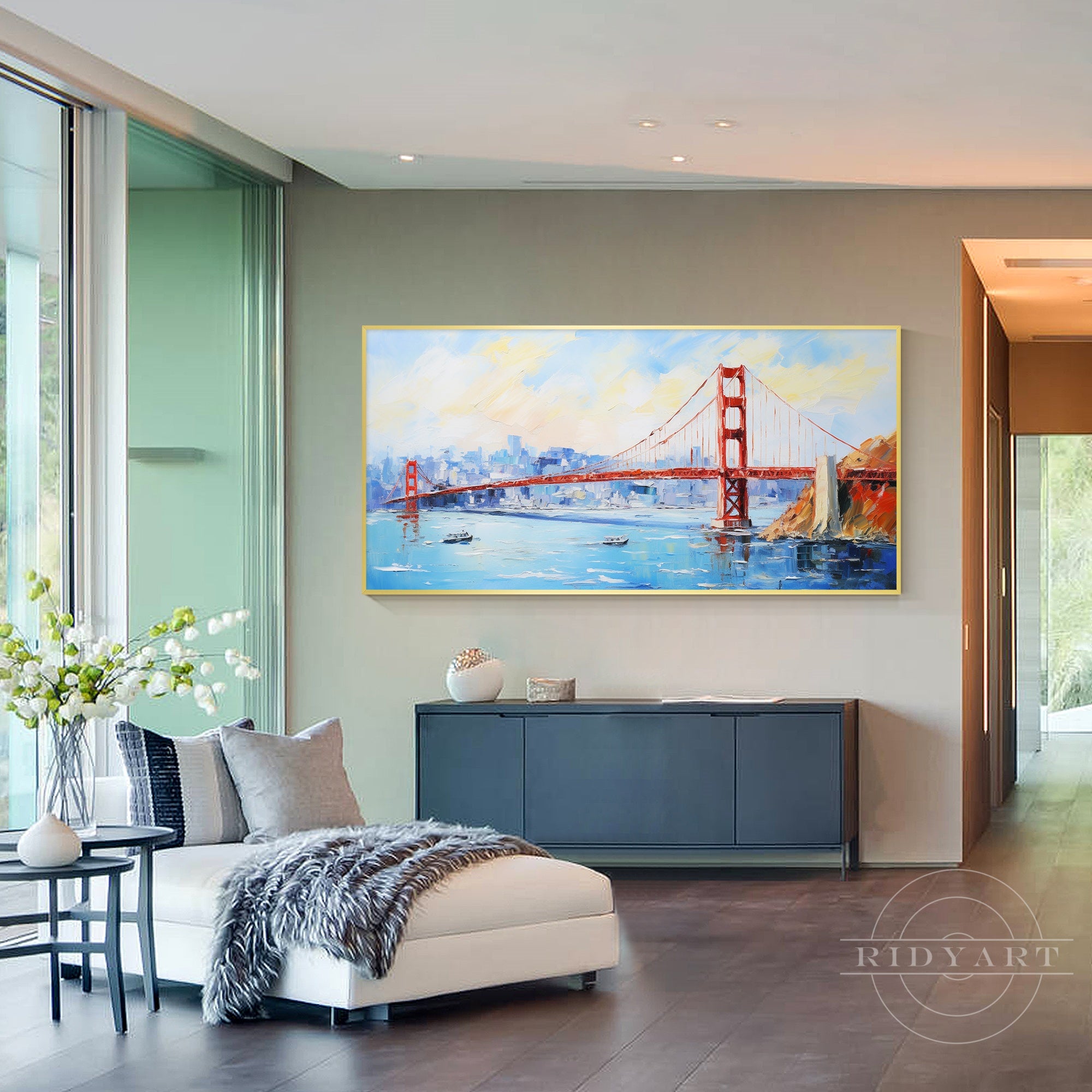 Hand-painted Golden Gate Bridge cityscape on canvas.