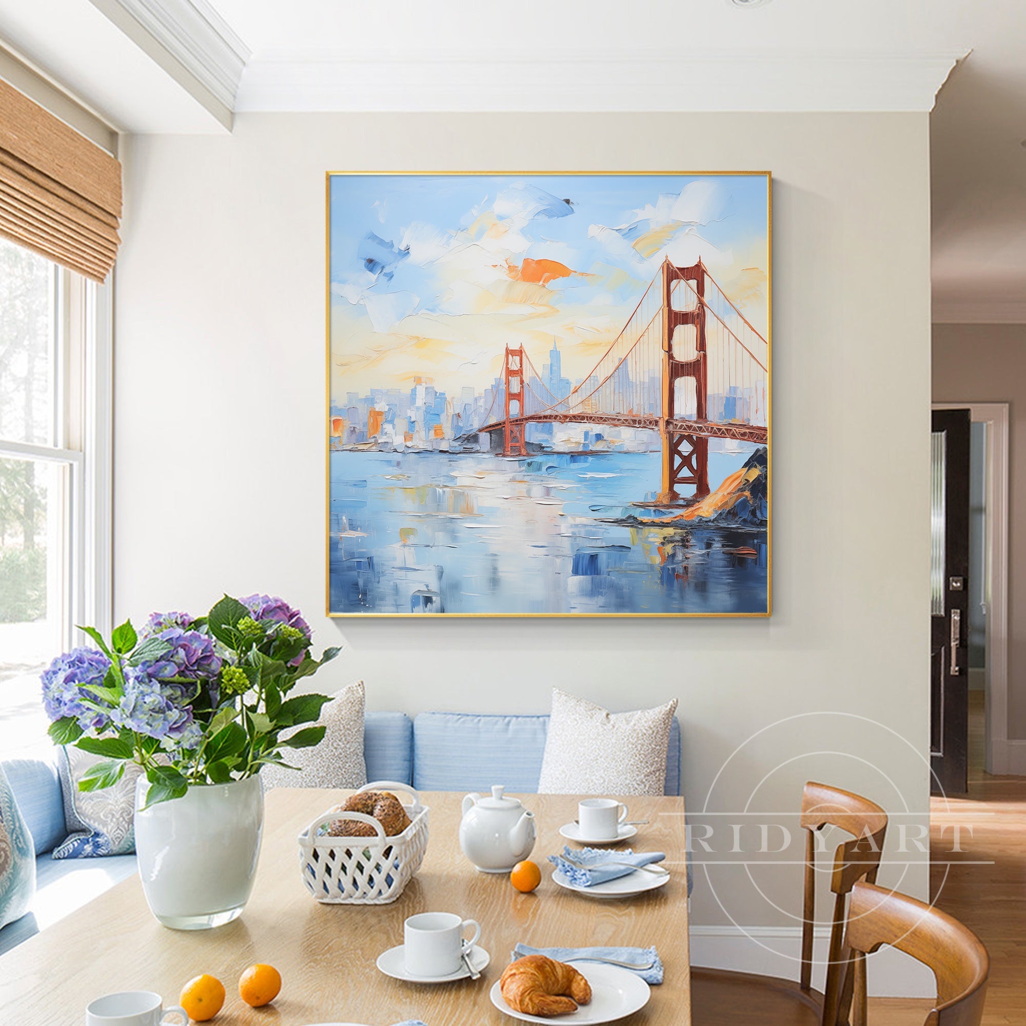 Vibrant textured painting of Golden Gate Bridge cityscape wall art.