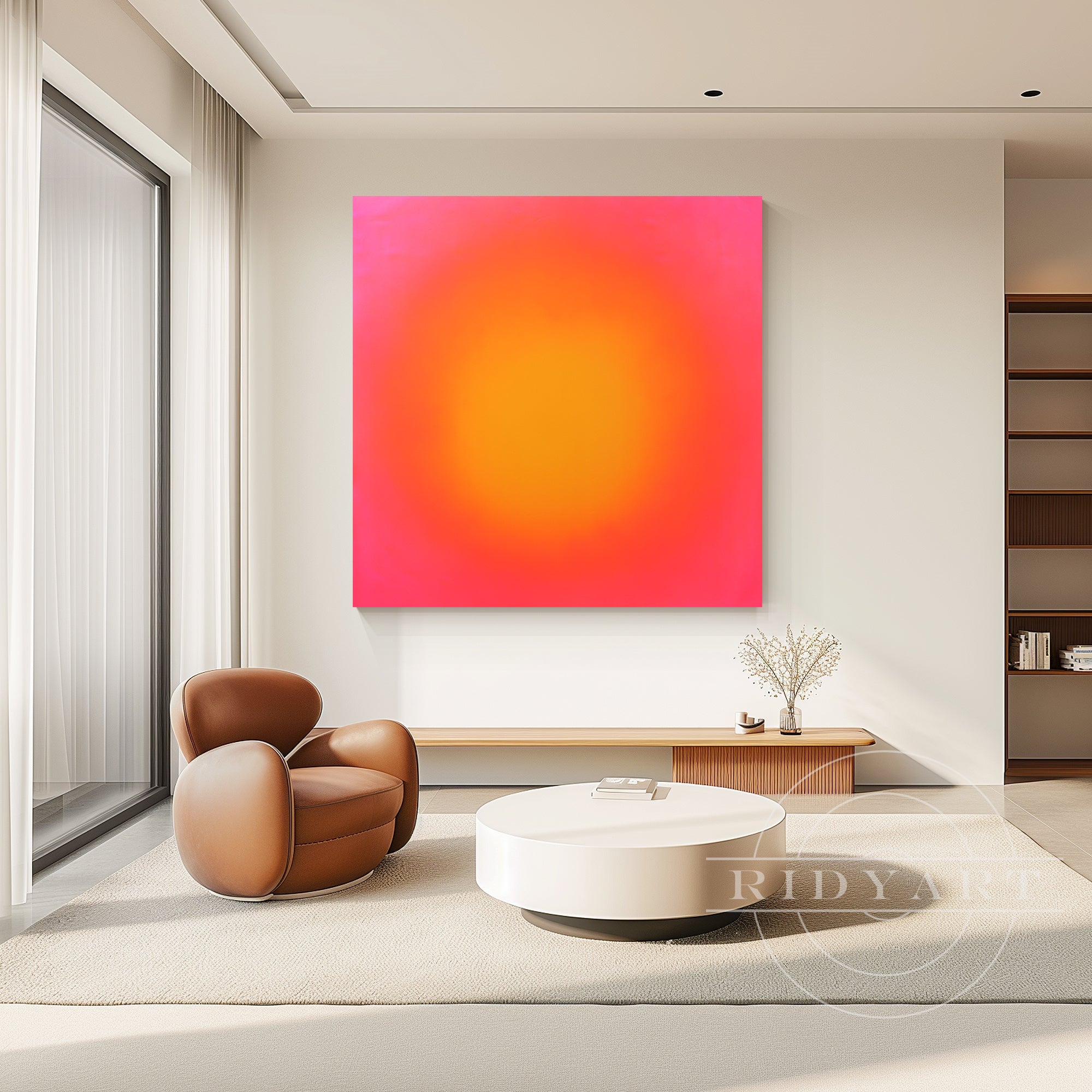 Vibrant gradient artwork with pink and yellow tones for living spaces